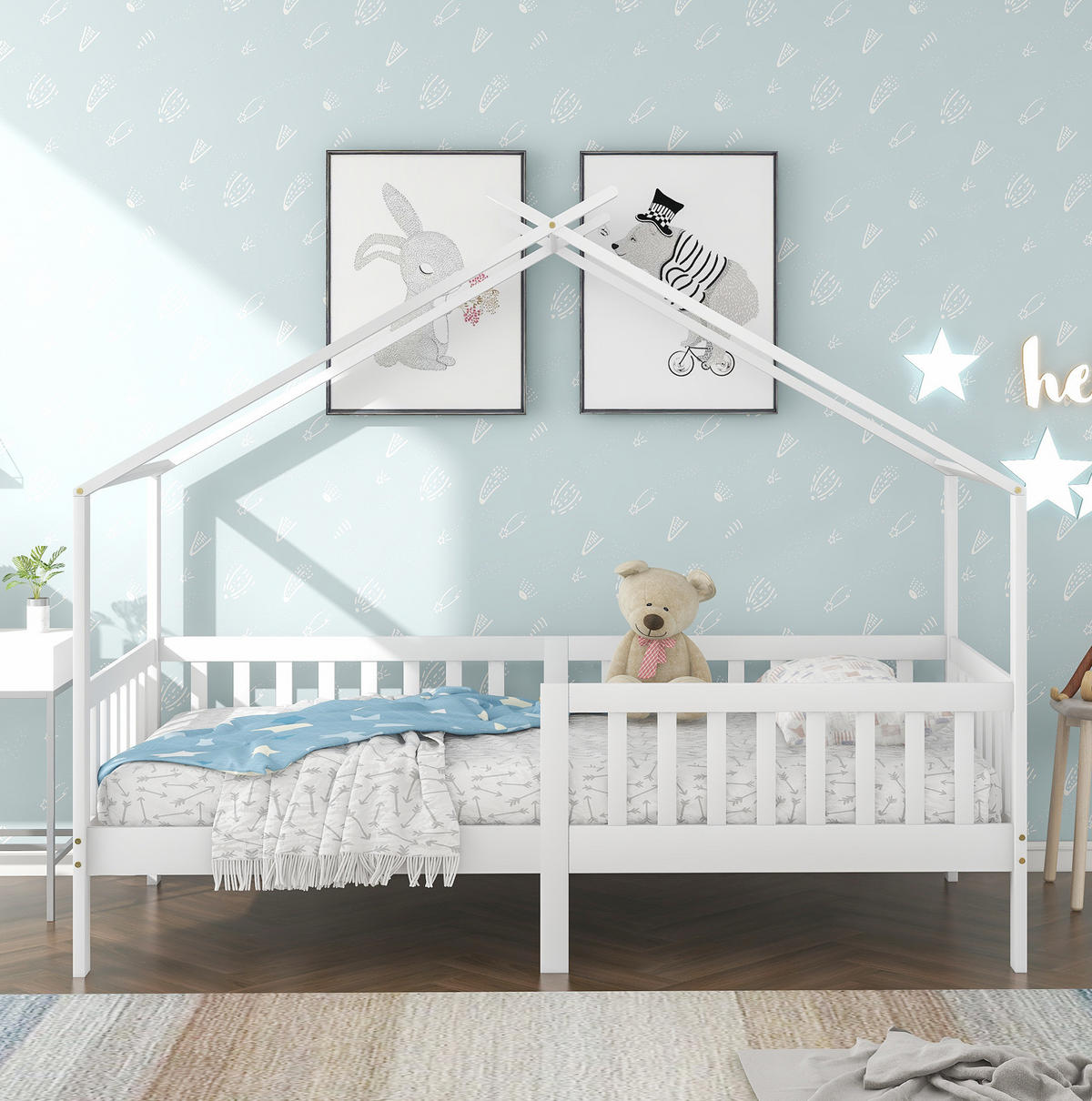 HAUSBETT 90/200 cm in Weiß – mit Satteldach, Zaun und Liegefläche 90/200 cm - Weiß, Holz (90/200cm) - BEAOK