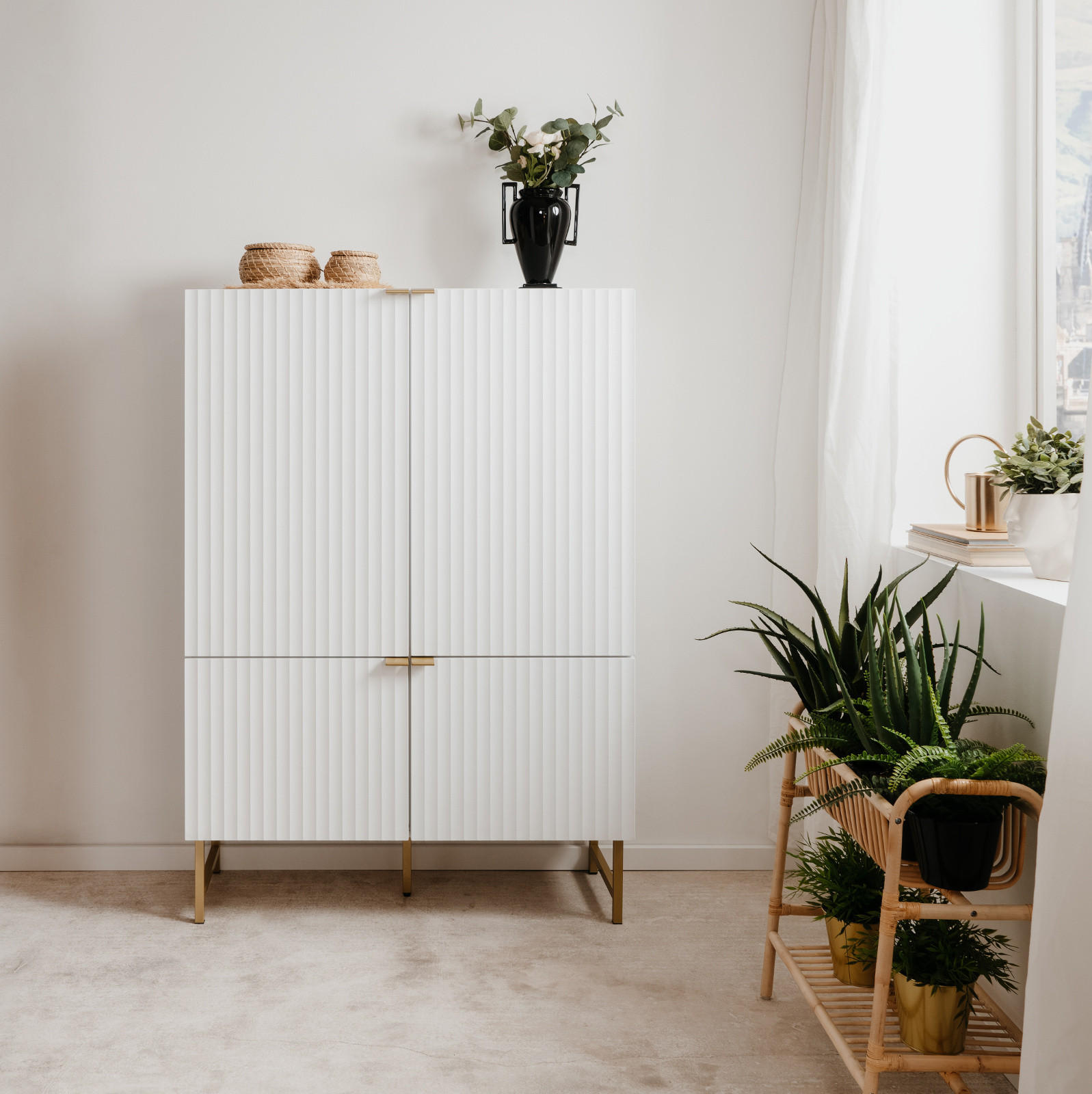 HIGHBOARD weiß, Gold 100 cm, Anrichte mit Soft-Close und 3D-Struktur - Goldfarben/Weiß, Holzwerkstoff/Metall (100/142/41cm) - Furn.Design