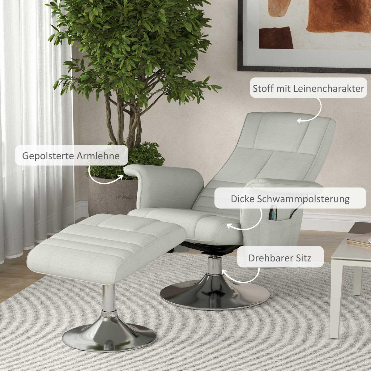 MASSAGESESSEL mit Fußhocker, elektrischer Relaxsessel mit Liegefunktion Creme - Silberfarben/Creme, Textil/Metall (95/88/78cm) - HOMCOM