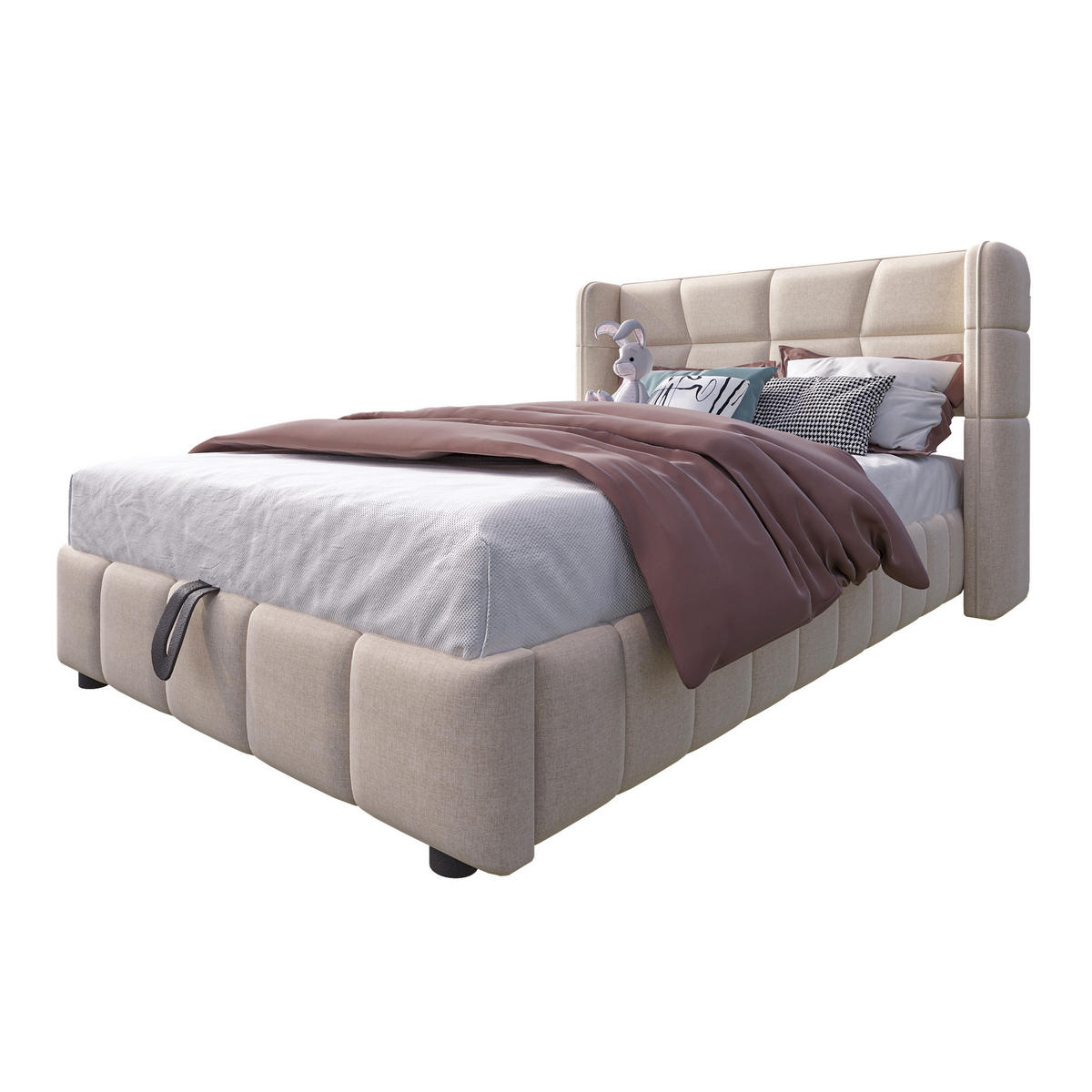 POLSTERBETT 90/200 cm beige aus Stoff mit Stauraum und Hebemechanismus - Beige, Textil (90/200cm) - OKWISH