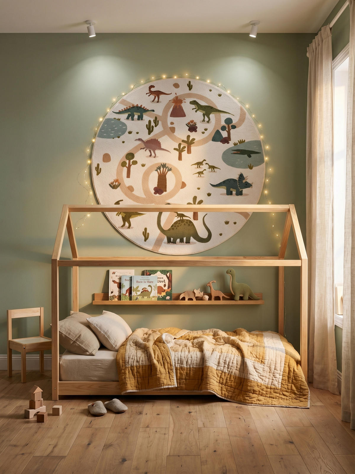 KINDERTEPPICH Kurzflor Dinosaurier-Landschaft Waschbar OEKO-TEX Spielteppich Jungen Mädchen Rund Creme 200x200 – TINO - Creme, Textil (200/200cm) - KADIMA DESIGN