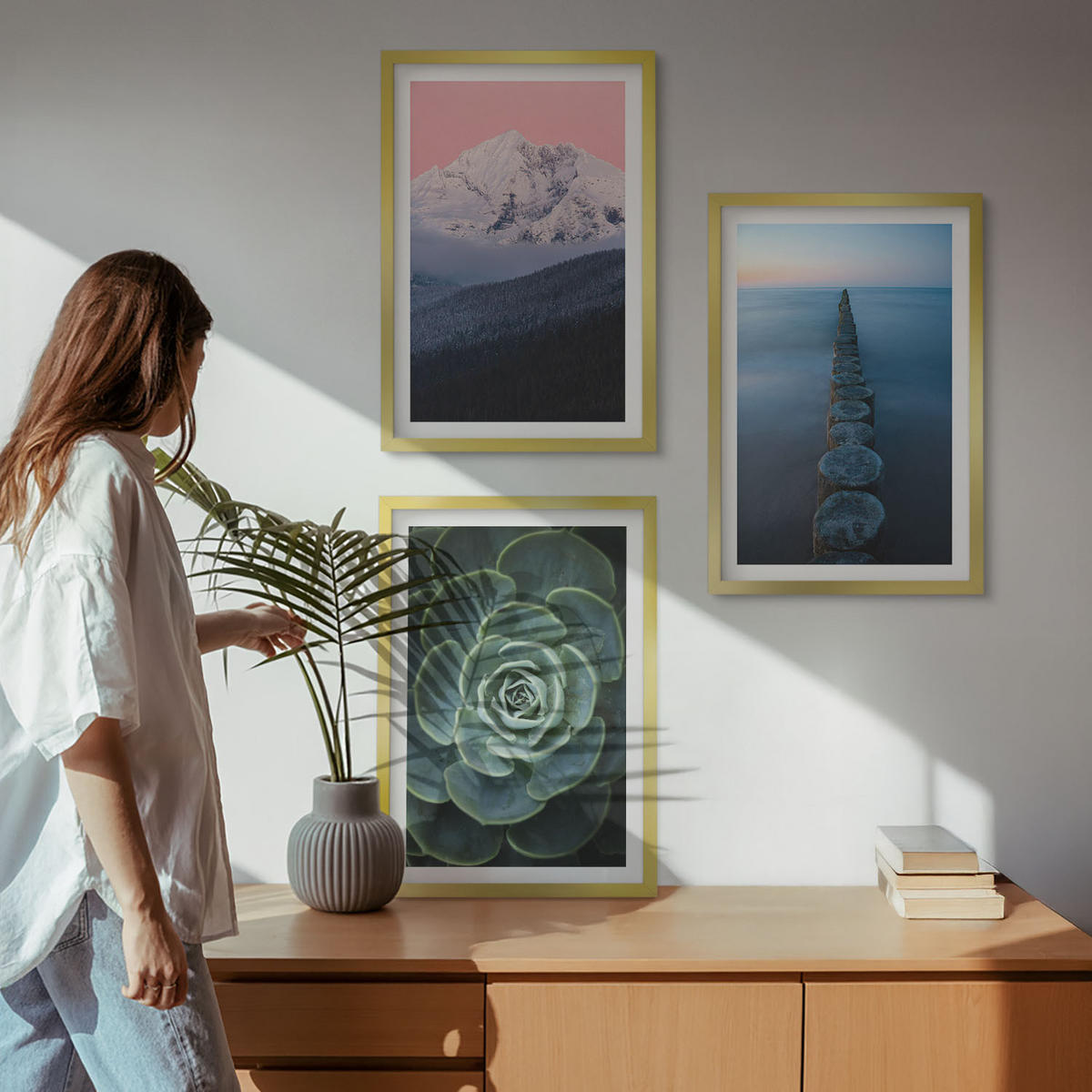 WANDBILDER 3er Set - 40x60 cm Goldrahmen - Berge, rosa Himmel, Wasser, Sukkulente - Goldfarben, Kunststoff (40/60cm) - ArtPrintCave