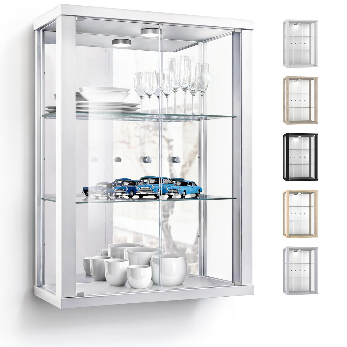 HÄNGEVITRINE 25/60/80 cm mit Spiegel, LED & 2 höhenverstellbaren Glasböden - Transparent/Silberfarben, Glas/Holzwerkstoff (60/80/25cm) - K-Möbel