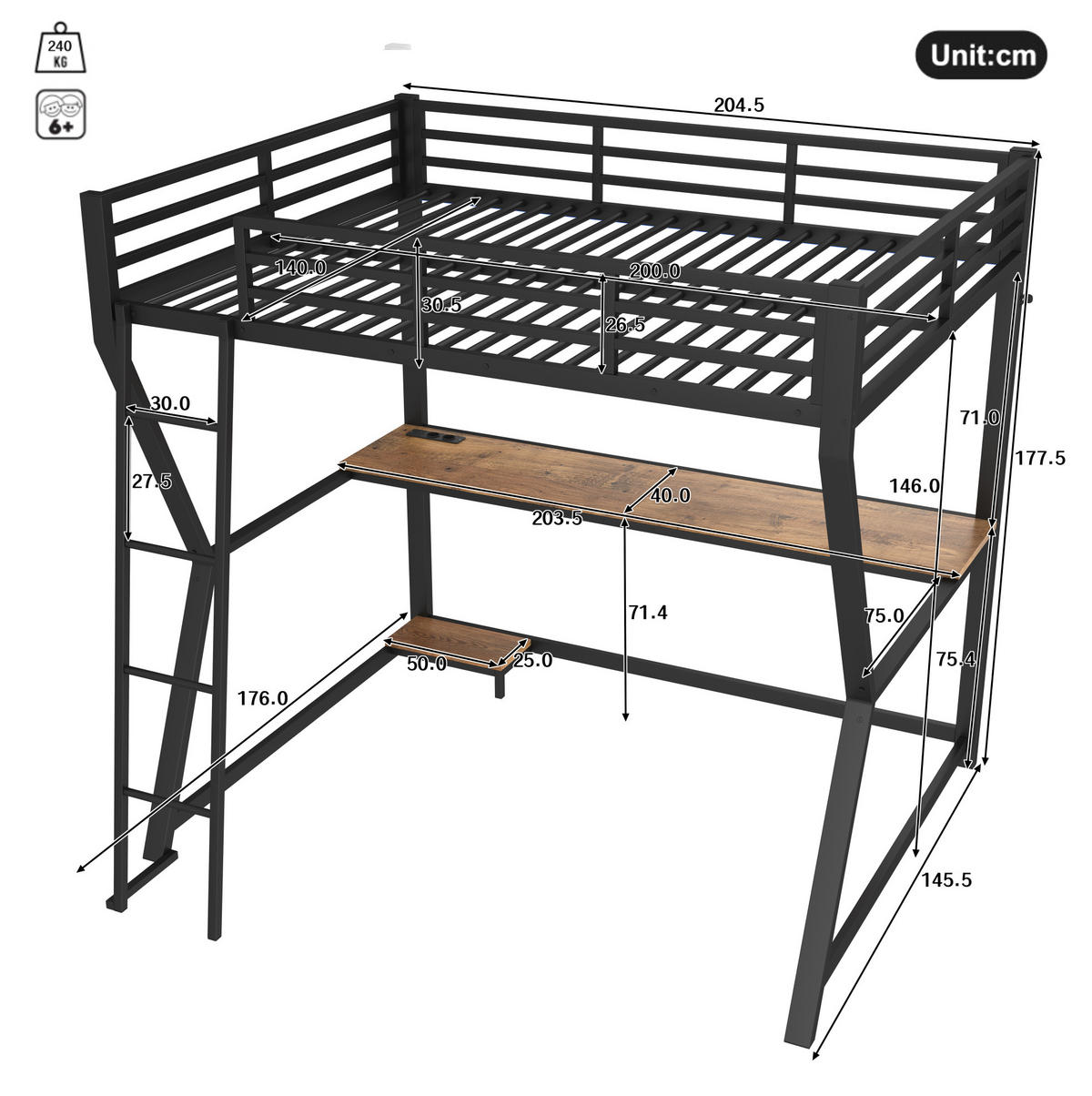 HOCHBETT 140/200 cm aus Metall und MDF mit Schreibtisch und LED-Beleuchtung Schwarz - Schwarz, Metall (140/200cm) - Modenvie