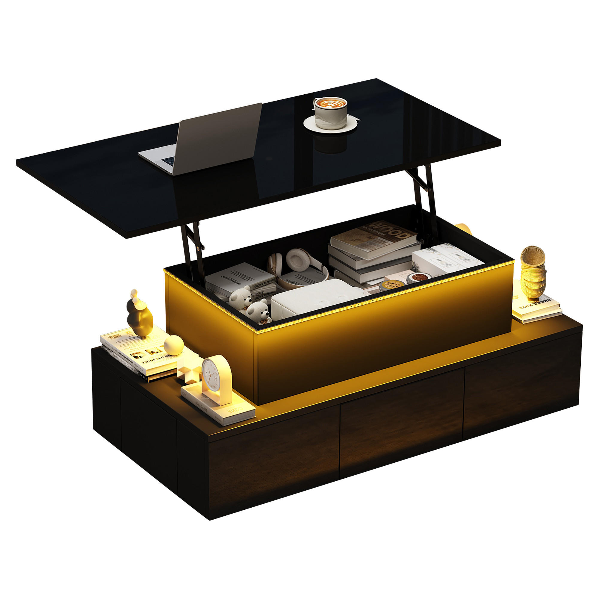 COUCHTISCH 100x50x40 cm Schwarz LED Lift 4 Schubladen Stauraum - Multicolor, Holzwerkstoff (100/50/40cm)
