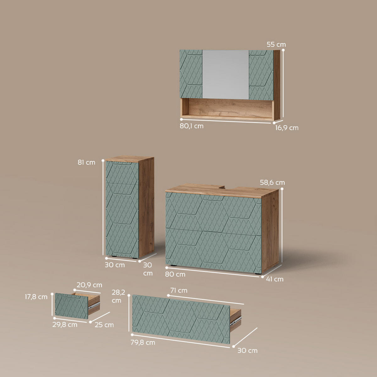 BADMÖBEL-SET Ronco Grün/Goldkraft Eiche 3 Teile, mit Schubladenschrank und Midischrank - Honigeiche/Grün, Holzwerkstoff (80/58/41cm) - Livinity®