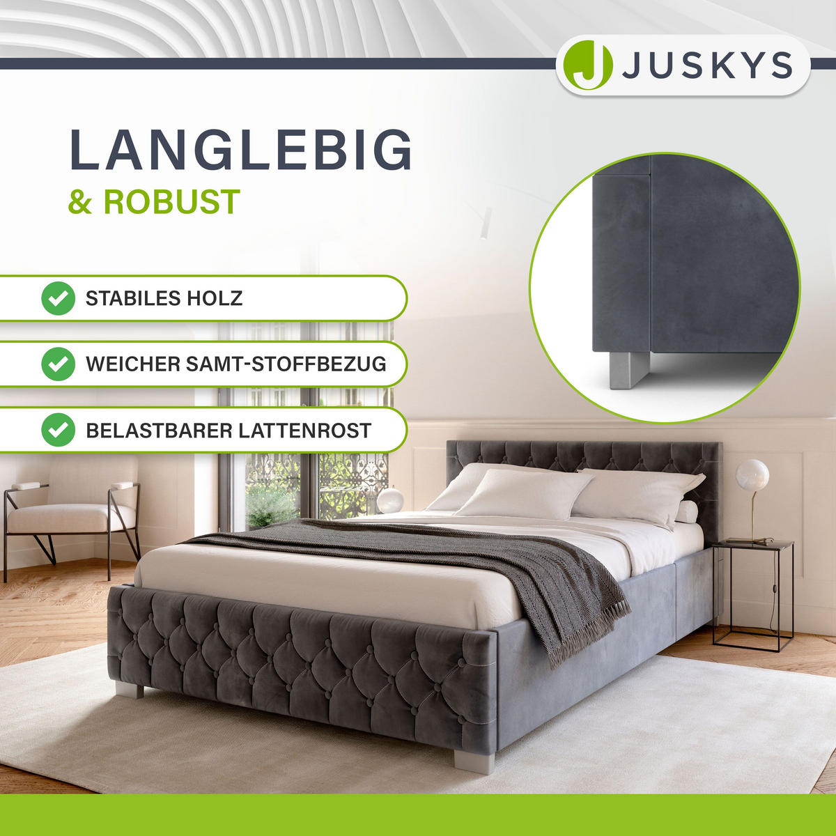 POLSTERBETT Nizza Dunkelgrau 120x200 cm mit Matratze - Dunkelgrau, Holz (120/200cm) - Juskys