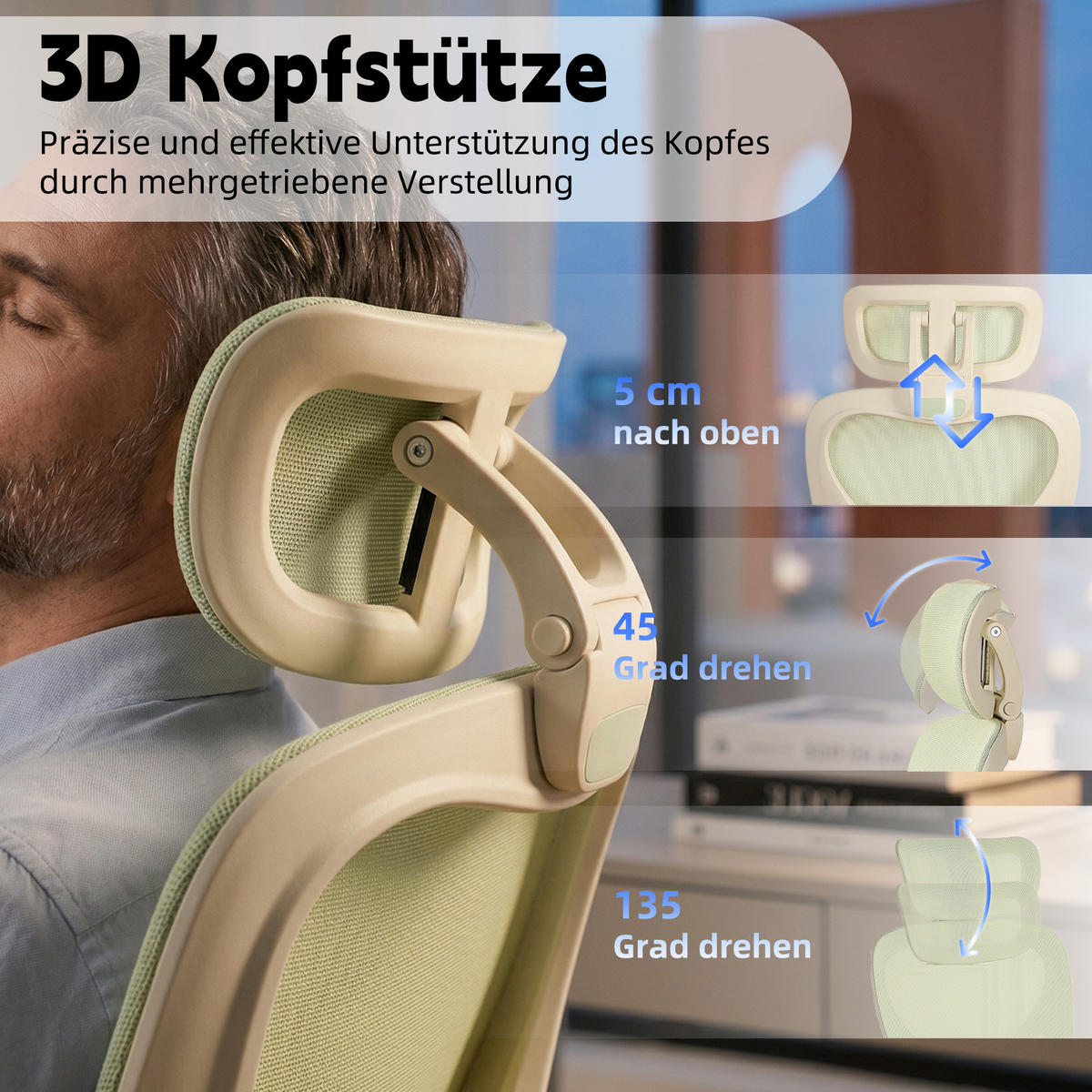 DREHSTUHL DE-40943 mit klappbarer Rückenlehne und 3D-Kopfstütze Grün - Grün, Metall (62/129/48.5cm) - ComfortXL