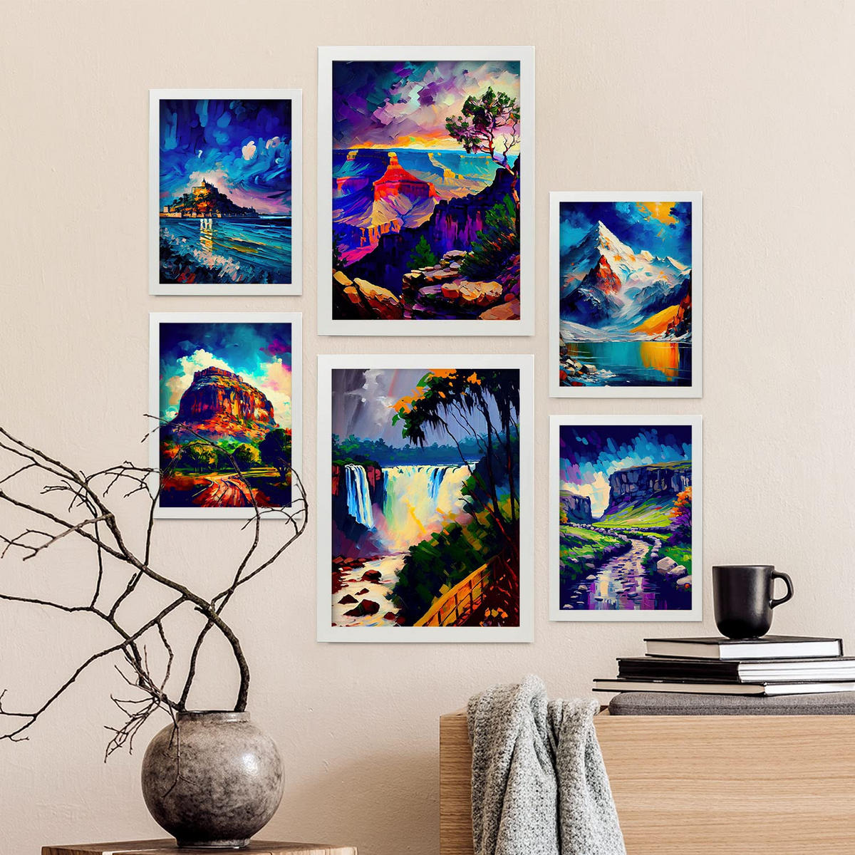 POSTER Set Mit 6 Blau Im Ölgemälde Stil A3 & A4 Weißer Rahmen - Weiß, Papier (29/3cm) - Nacnic
