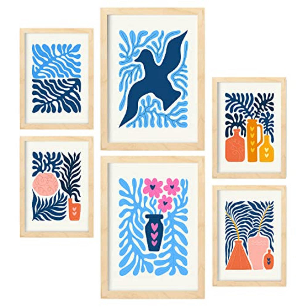 POSTER Set Mit 6 Minimalistischen In Leuchtenden Farben Blaue Blätter Drucke Von Landschaften Und Natur Für A3 & A4 Rahmen Aus Hellem Holz - Beige, Papier (29/3cm) - Nacnic