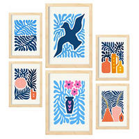 POSTER Set Mit 6 Minimalistischen In Leuchtenden Farben Blaue Blätter Drucke Von Landschaften Und Natur Für A3 & A4 Rahmen Aus Hellem Holz - Beige, Papier (29/3cm) - Nacnic