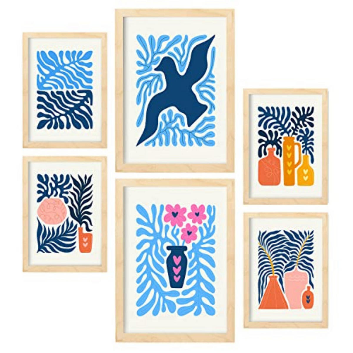 POSTER Set Mit 6 Minimalistischen In Leuchtenden Farben Blaue Blätter Drucke Von Landschaften Und Natur Für A3 & A4 Rahmen Aus Hellem Holz - Beige, Papier (29/3cm) - Nacnic
