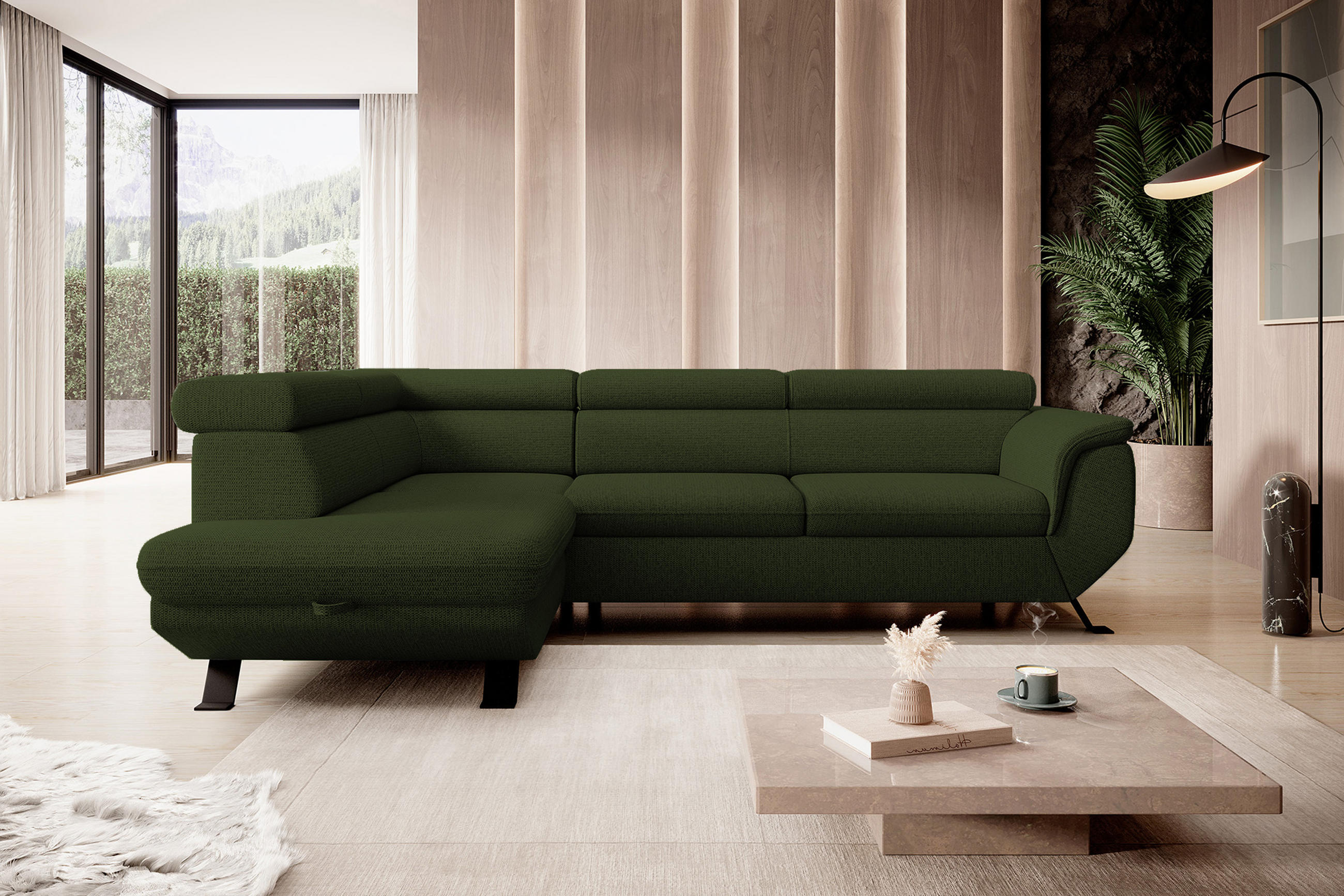 ECKSOFA RAVEN L mit Schlaffunktion und Bettkasten, Freistehend, Polstersofa mit Verstellbaren Kopfstützen, 257x198x96 cm, Linke, Dunkelgrün - Waldgrün, Holz/Textil (198/256cm) - DomoHome