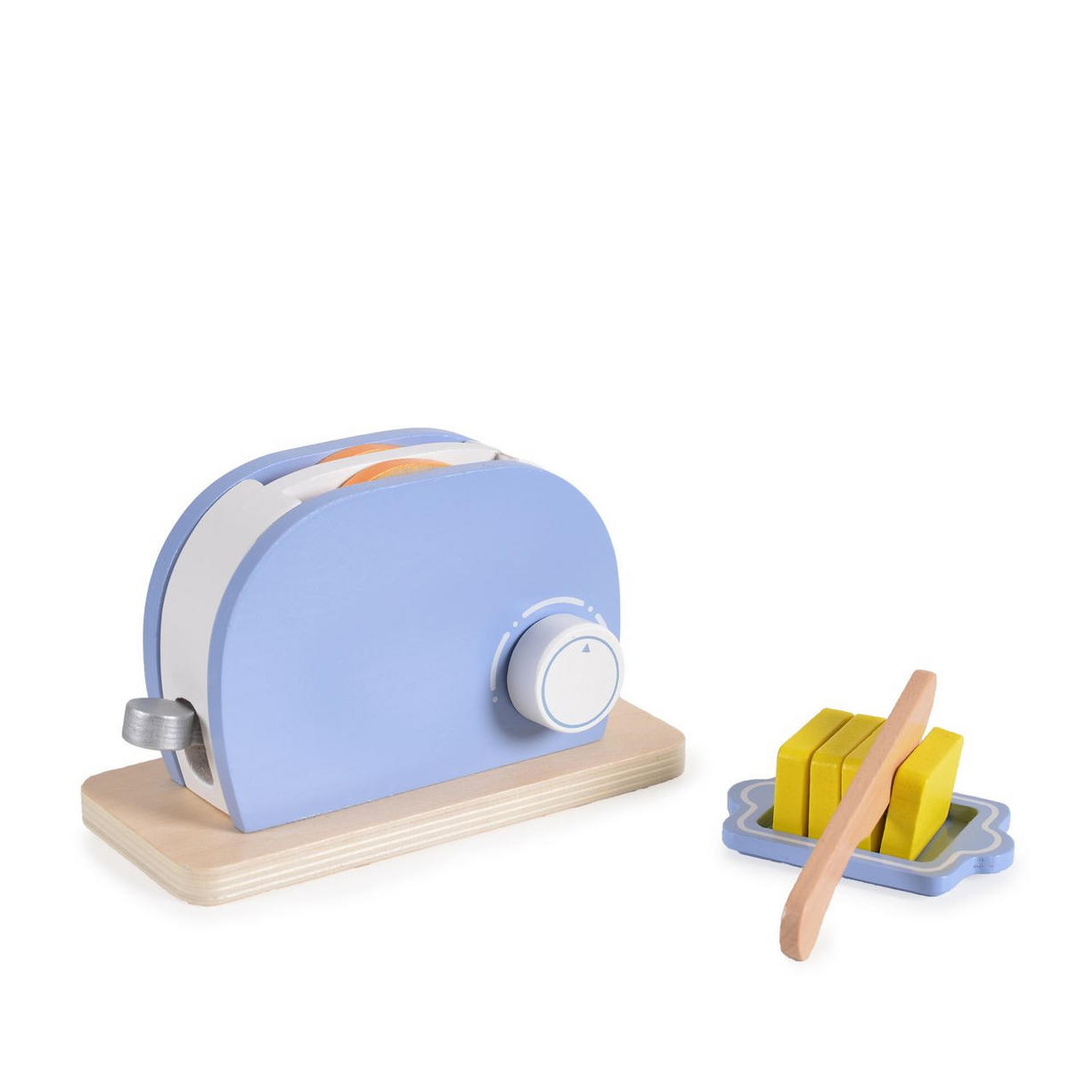 SPIELZEUG-KÜCHENGERÄT 4341 hellblau Toaster, Holz, Drehknopf, Kippschalter, Toastscheiben, Butterstücke - Blau, Holz (8/9/15cm) - Moni