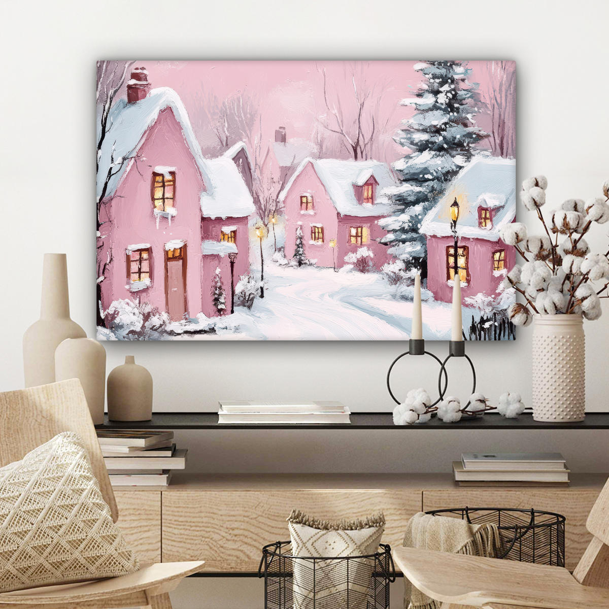 LEINWANDBILD Weihnachtsdorf - Rosa - Winter - Schnee - Häuser Wanddeko 90x60 cm - Altrosa, Textil (90/60cm) - MuchoWow