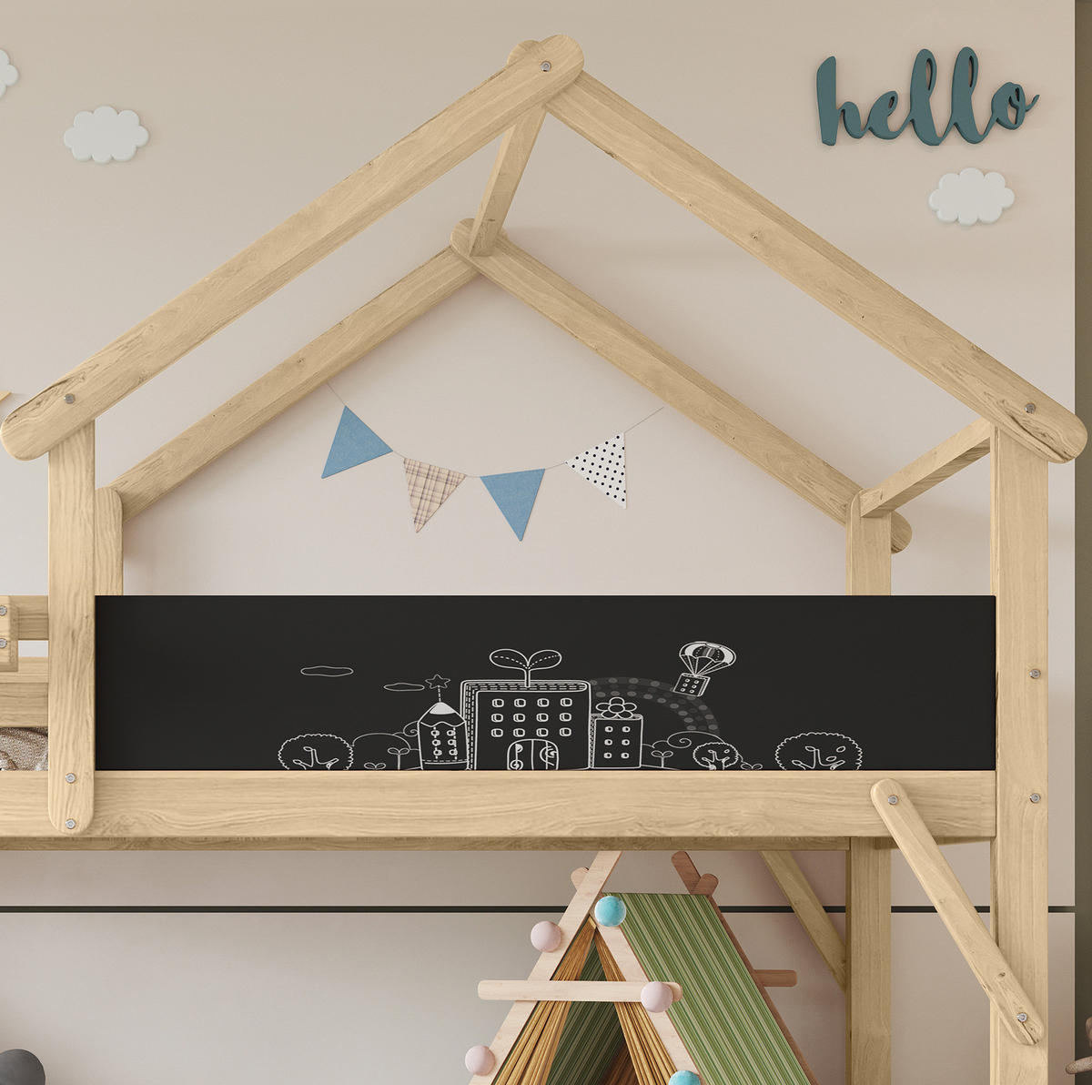 ETAGENBETT aus Kiefer, MDF und Sperrholz 90x200 cm Weiß/Natur mit Stauraumtreppe, Tafel und Dachdesign - Weiß, Holzwerkstoff (90/200cm) - Modfu