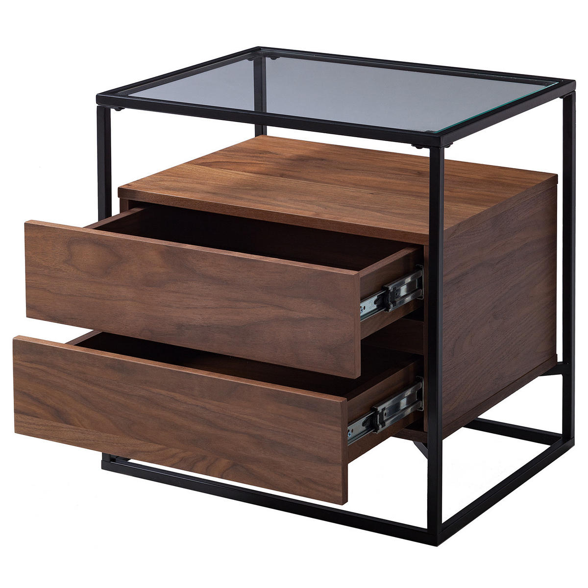 BEISTELLTISCH mit Schubladen - Echtholzfurnier / Metall - Walnuss / Schwarz - Braun, Glas/Holzwerkstoff (43/54/54cm) - home24