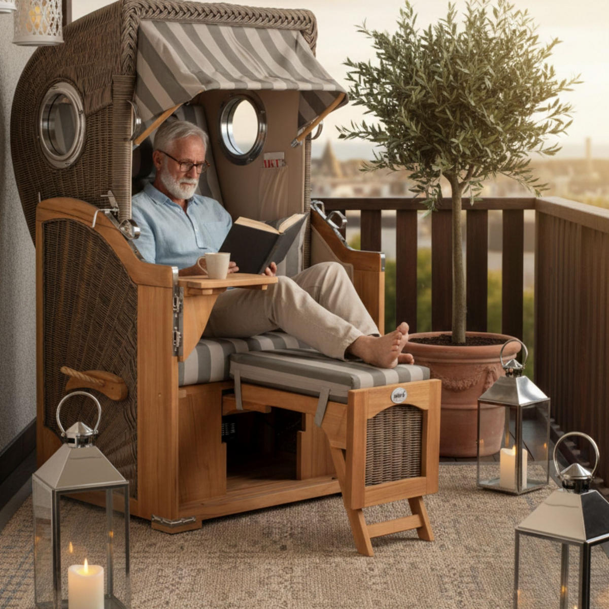 STRANDKORB Düne Single Teak 1-Sitzer - Braun/Grau, Holz/Textil (96/165/80cm) - Mr. Deko