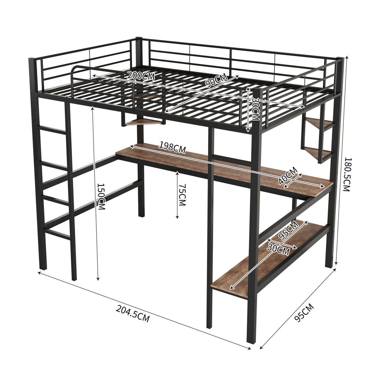 HOCHBETT mit Schreibtisch 90/200 cm in Schwarz – mit Regal und Rausfallschutz - Schwarz, Metall (90/200cm) - BEAOK