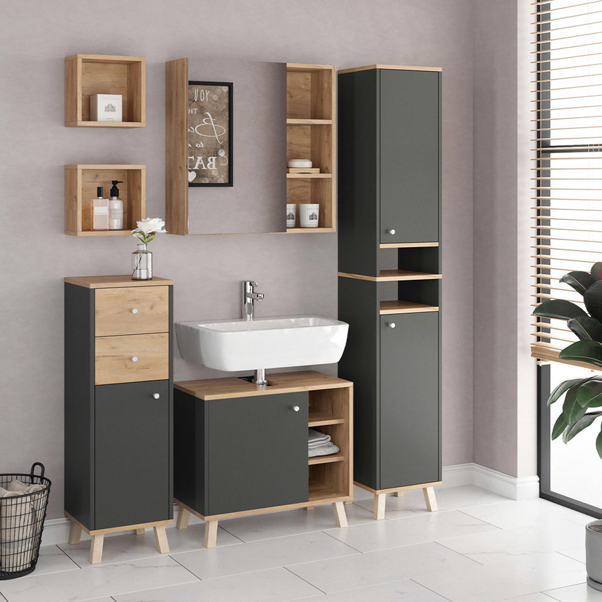 MIDISCHRANK Senyo Anthrazit 30 x 95 cm mit Schubladen - Anthrazit, Holzwerkstoff (30/95/30cm) - Vicco
