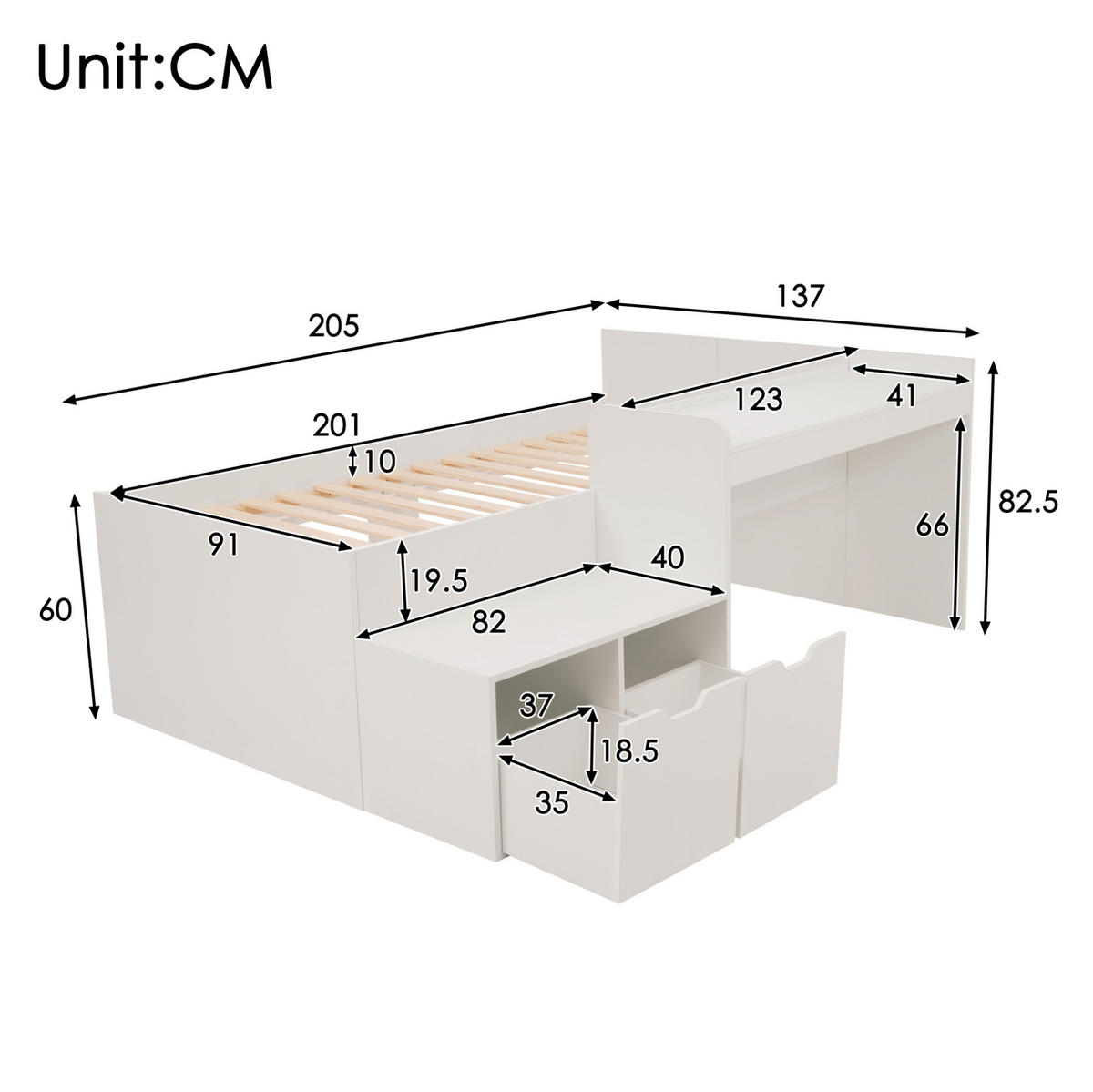 KINDERBETT 90/200 cm in Weiß mit Schreibtisch und 2 Schubladen - Weiß, Holzwerkstoff (90/200cm) - BEAOK