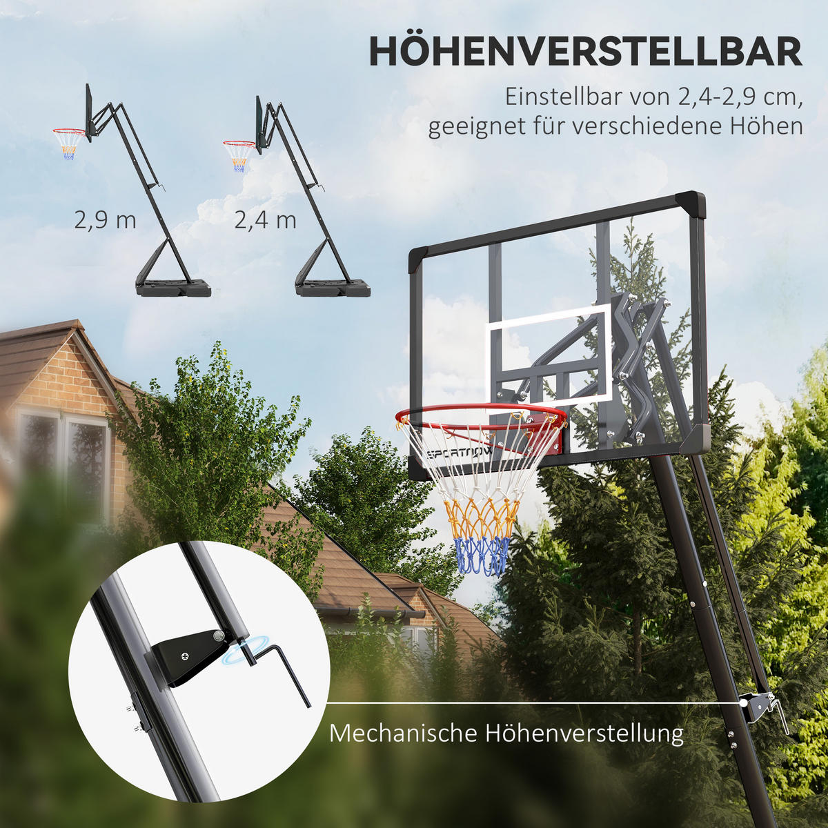 BASKETBALLSTÄNDER 236–293 cm Basketballkorb mit Ständer, Rollen Basketballanlage - Schwarz, Metall (70.5/111cm) - SPORTNOW