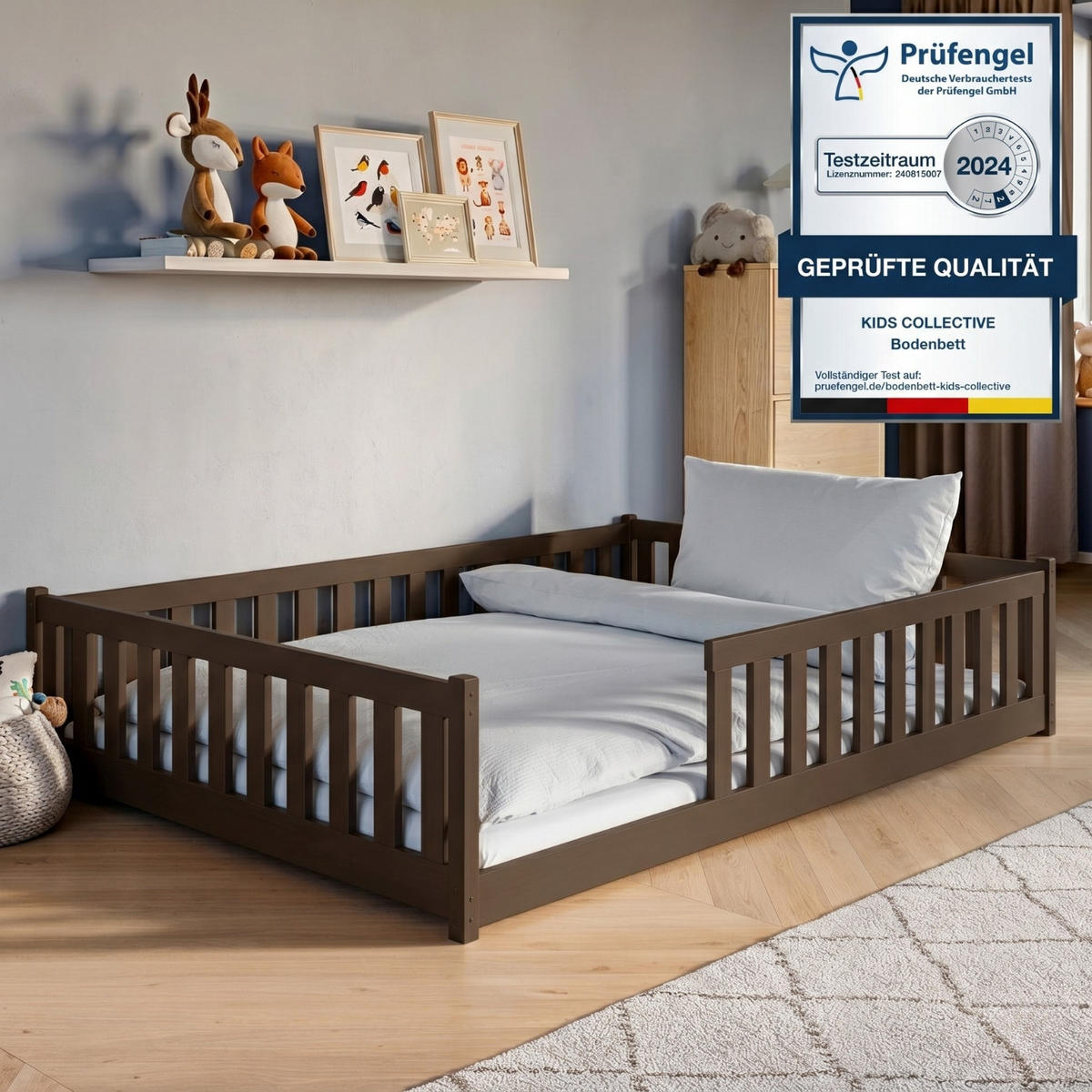 BODENBETT 140x200 cm in Zartbitterschokolade mit Matratze - Dunkelbraun, Holz (140/200cm) - Kids Collective