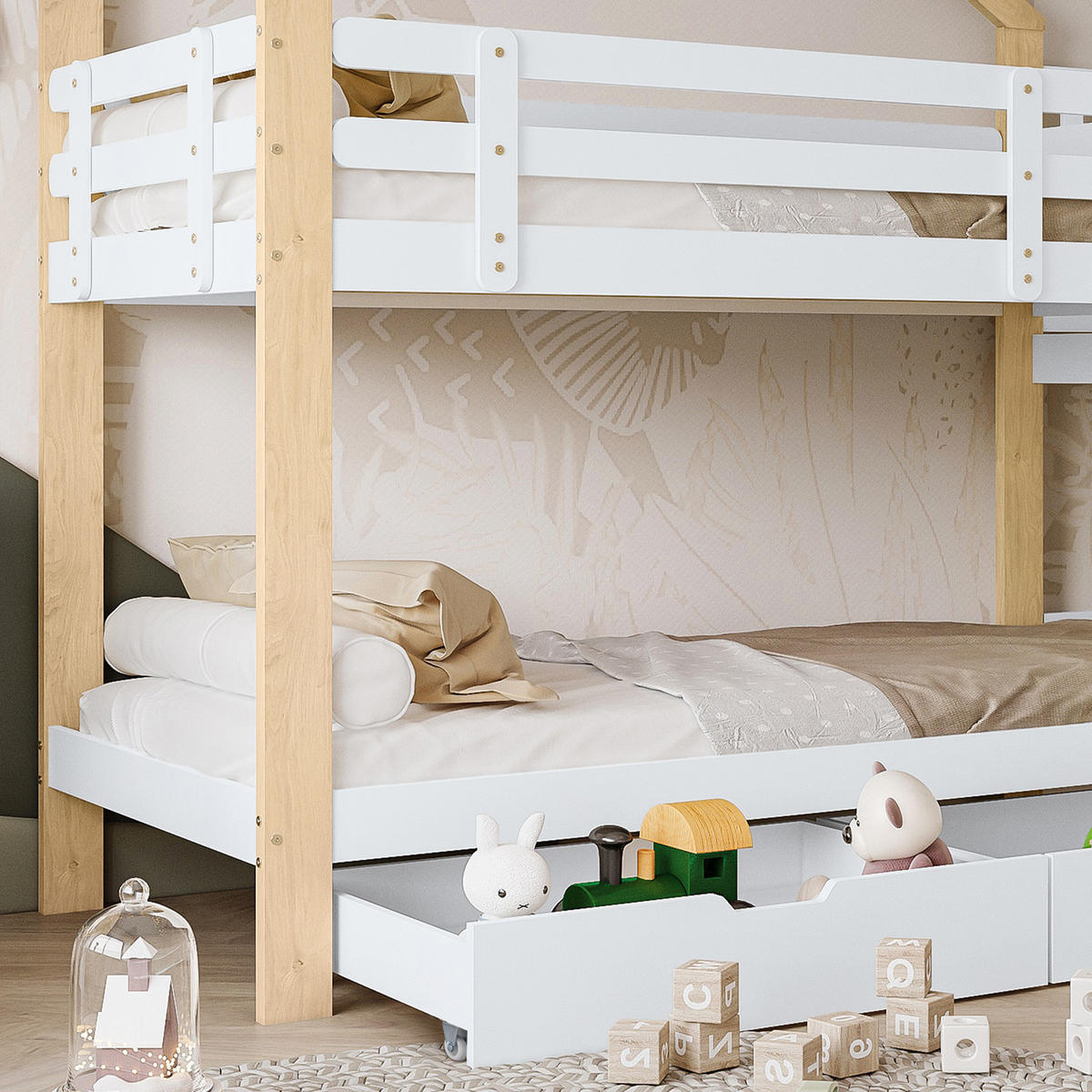 HAUSBETT Massivholz 90/200 cm Weiß, Natur - Ahornfarben/Weiß, Holz/Holzwerkstoff - Raumix