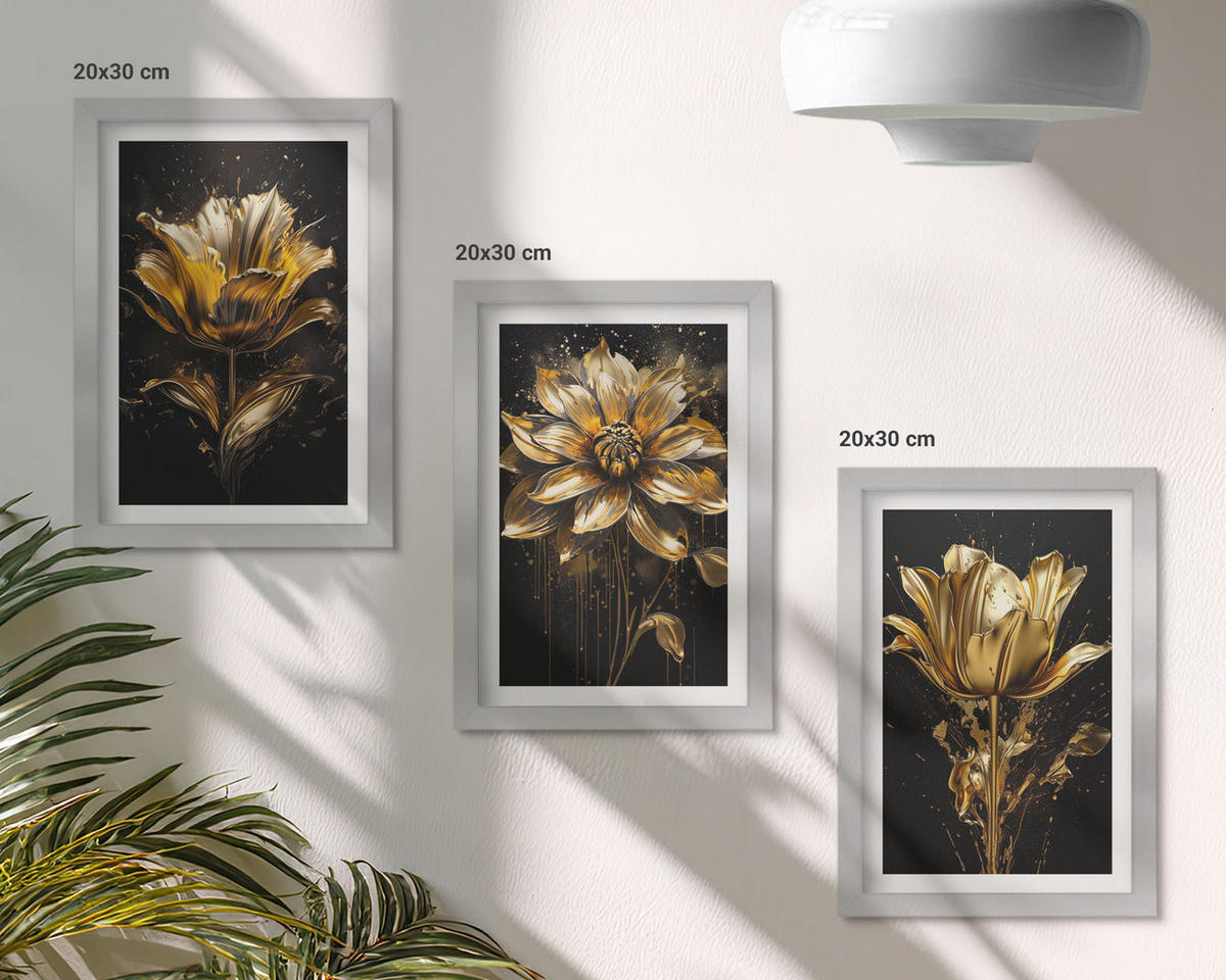 BILDER SET 3er Set - 20x30 cm Silberner Rahmen - Gelbe Blüten auf dunklem Hintergrund - Silberfarben, Kunststoff (20/30cm) - TULUP
