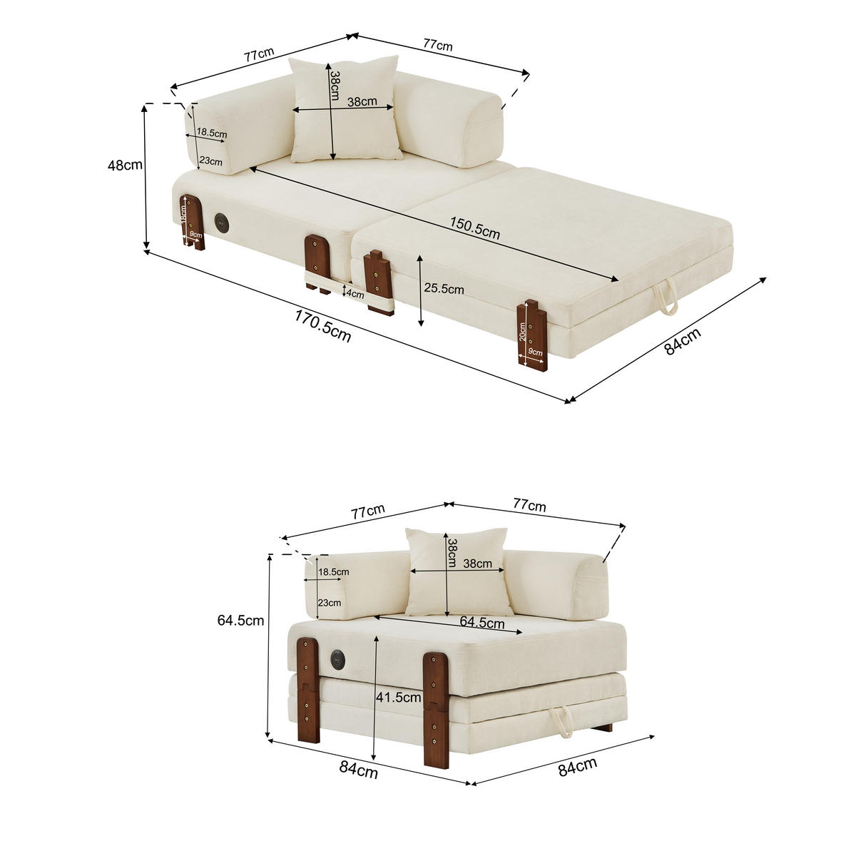 SCHLAFSOFA DE-35099 mit USB und Stauraum Beige - Beige, Textil (170.5/48/84cm) - ComfortXL