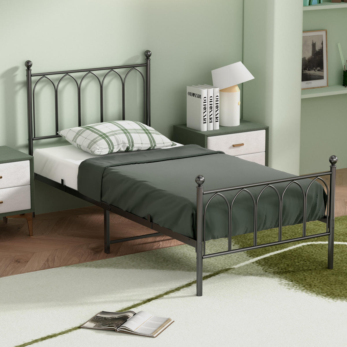 METALLBETT 90/200 mit Stauraum unter dem Bett Jugendbett mit Lattenrost, Schwarz - Schwarz, Metall (90/200cm) - STILVORA