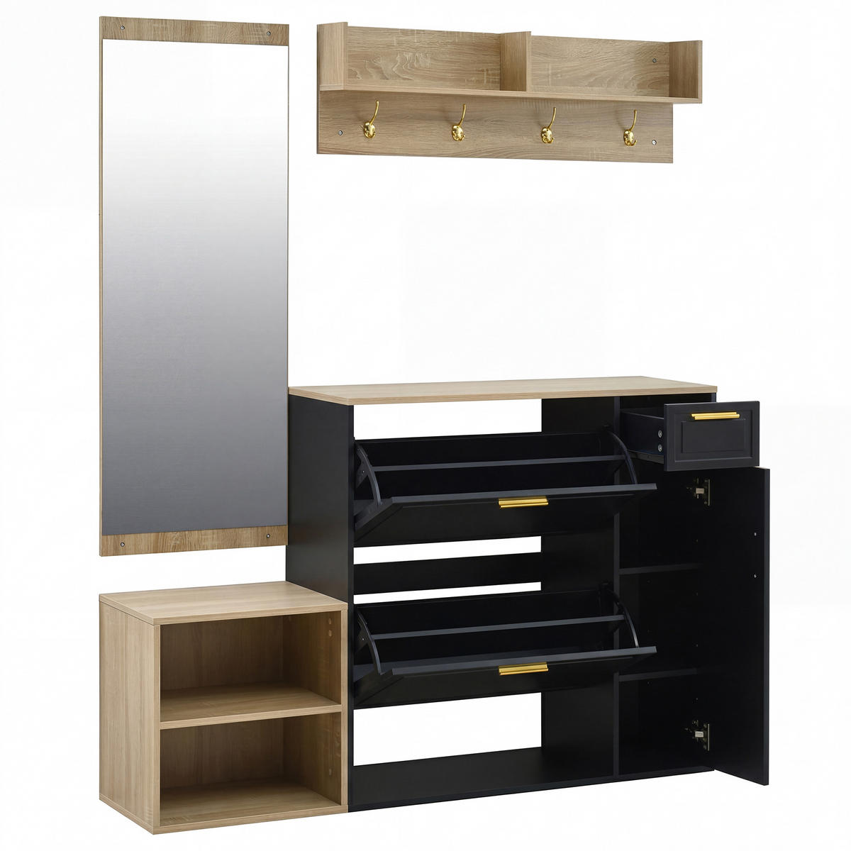 GARDEROBESET 4-teilig Schuhschrank Sitzbank Spiegel Flur 139cm - Multicolor, Holzwerkstoff (130/174/30cm) - FLIEKS