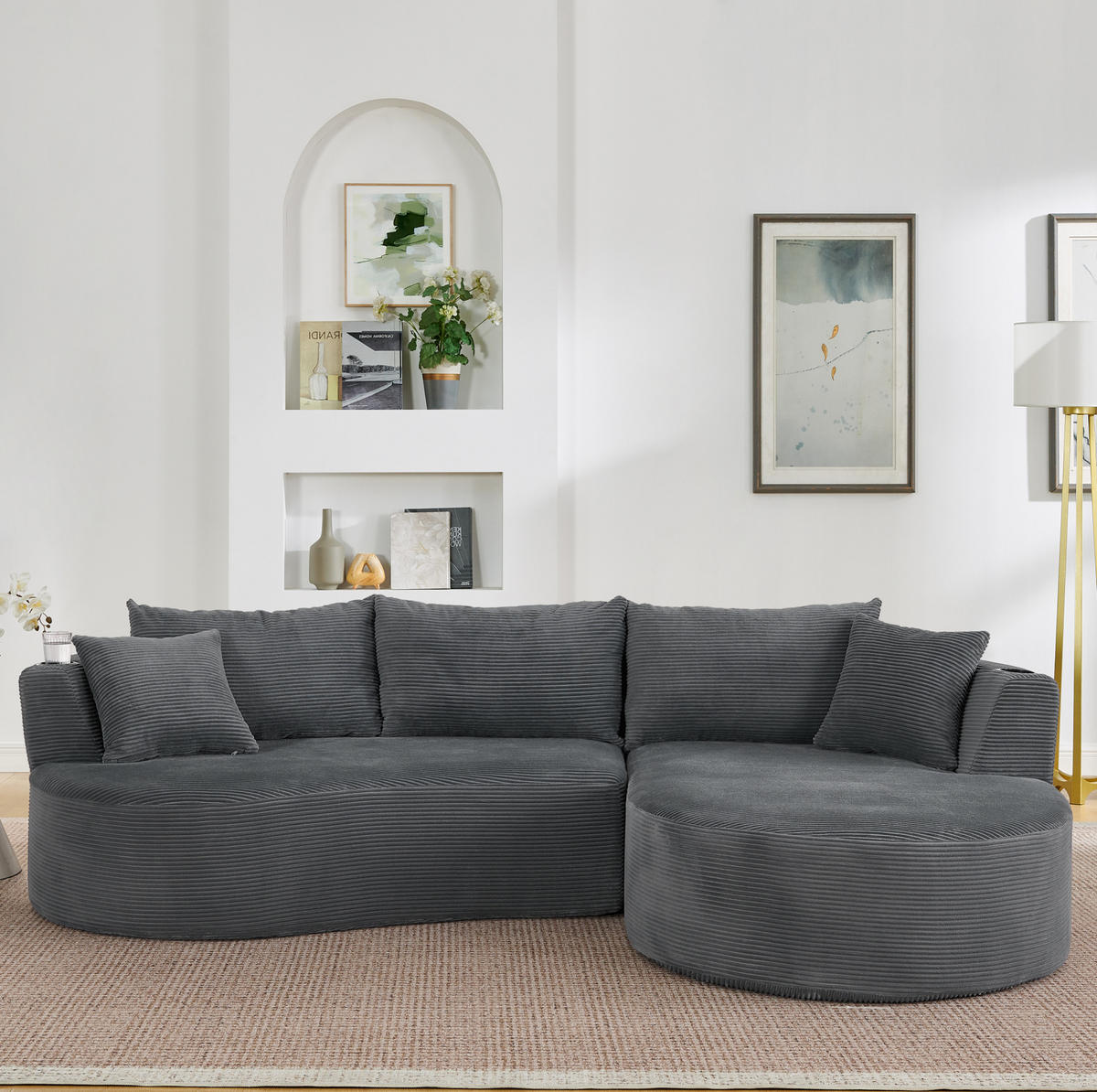 SOFA 3-Sitzer mit Getränkehaltern Kordstoff Gray - Grau, Textil (168/264.1cm) - Meubliv