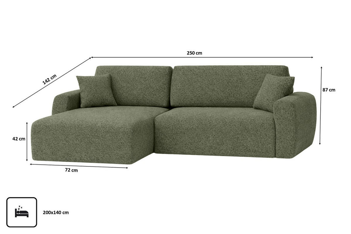 ECKSOFA Mit Schlaffunktion Ariel L, Chenille, Stoff Artico, Moss, Links - Hellgrün, Holz (250/142cm) - Kaiser Möbel