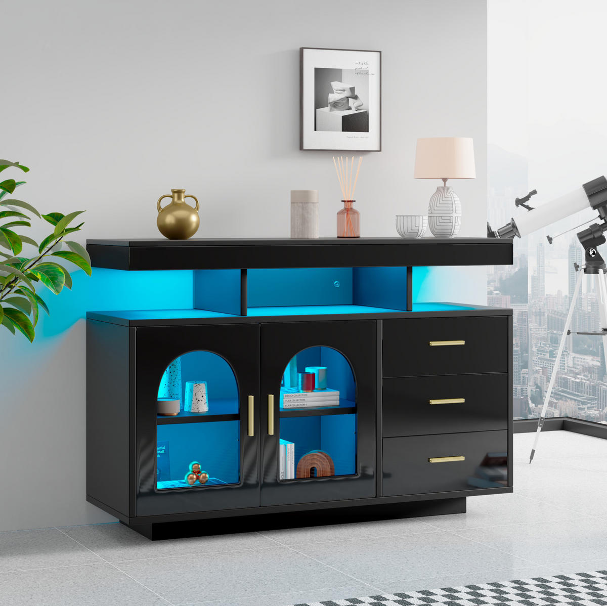 SIDEBOARD 120/40/80 cm mit 3 Schubladen, 2 Türen, LED-Beleuchtung und Hochglanzfront, Schwarz - Schwarz, Holzwerkstoff (120/80/40cm) - Redom
