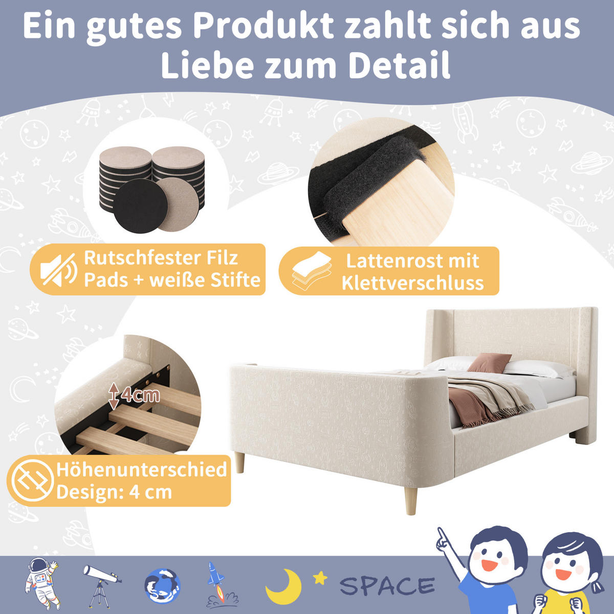 KINDERBETT 90/200 cm aus Samt mit Weltraummuster Beige - Beige, Textil (90/200cm) - Modenvie