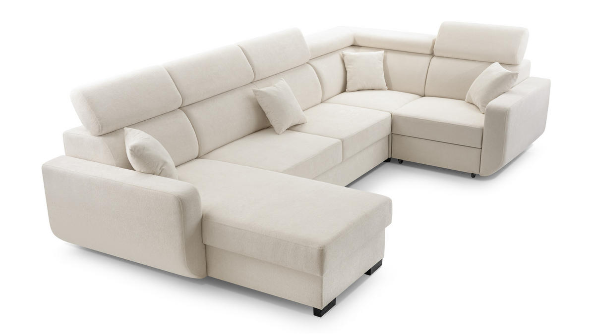 WOHNLANDSCHAFT CASTELLO Beige Plüsch-Stoff mit Schlaffunktion - Beige, Holz (337/97/184cm) - MASSENO