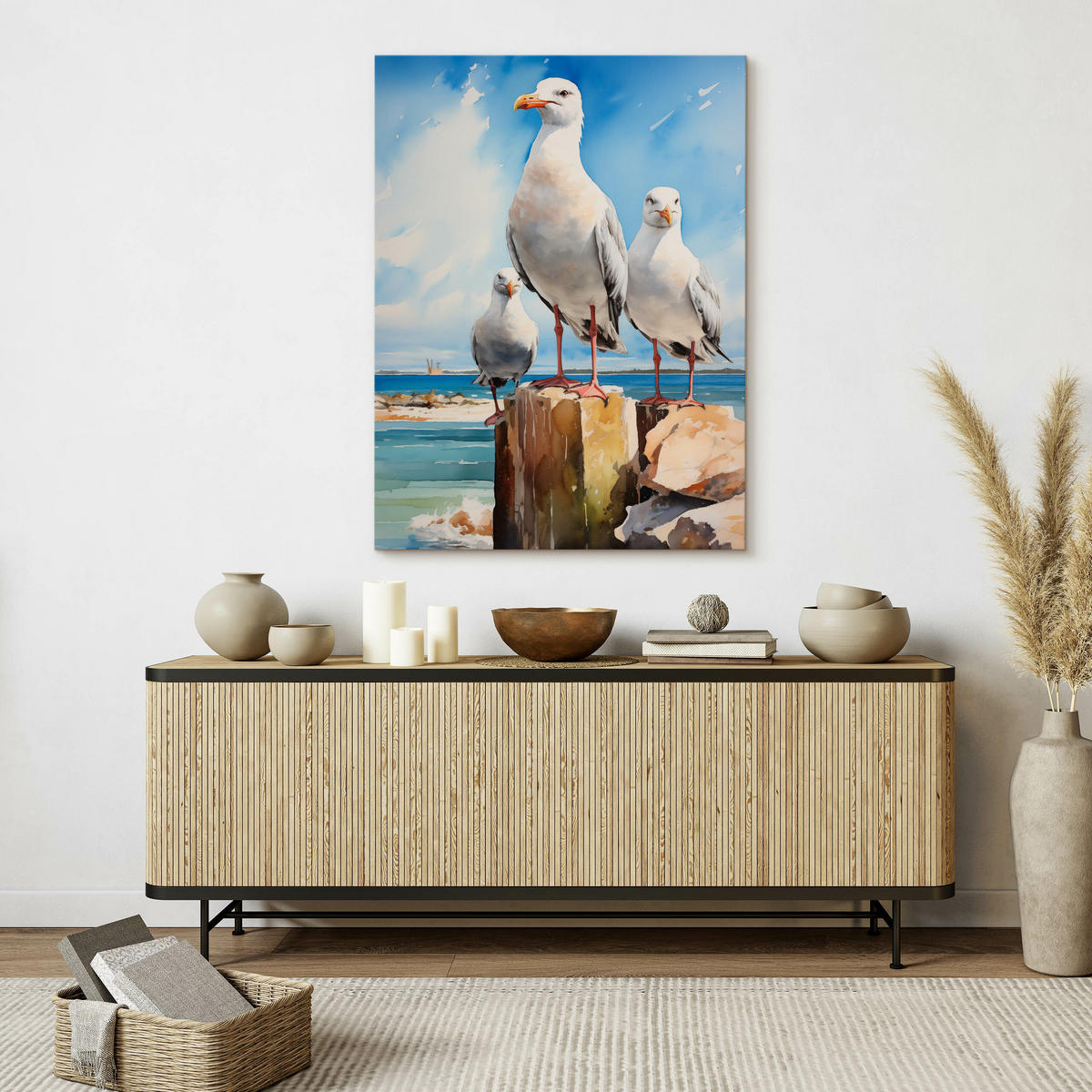 LEINWANDBILD Abstrakte Möwen Vor Dem Meereshintergrund 40x60cm - Blau/Beige, Textil (40/60cm) - Muralo