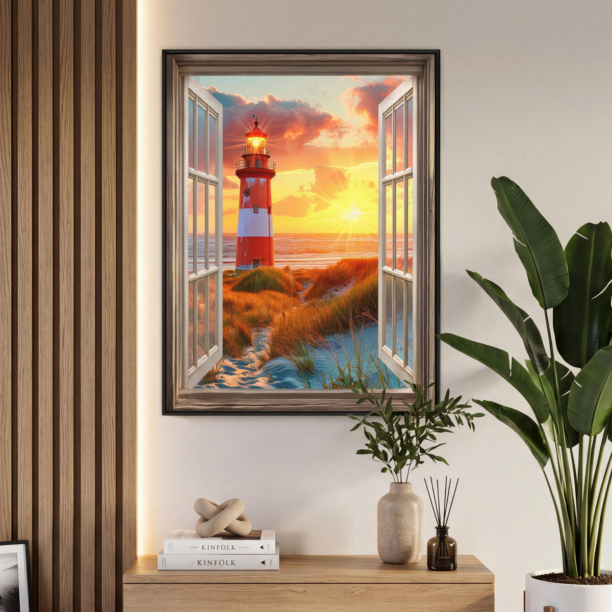 LEINWAND Bilder mit Rahmen - Aussicht - Fenster - Leuchtturm - Sonnenuntergang - Strand - 70x100 - Dunkelorange, Textil (70/100cm) - MuchoWow
