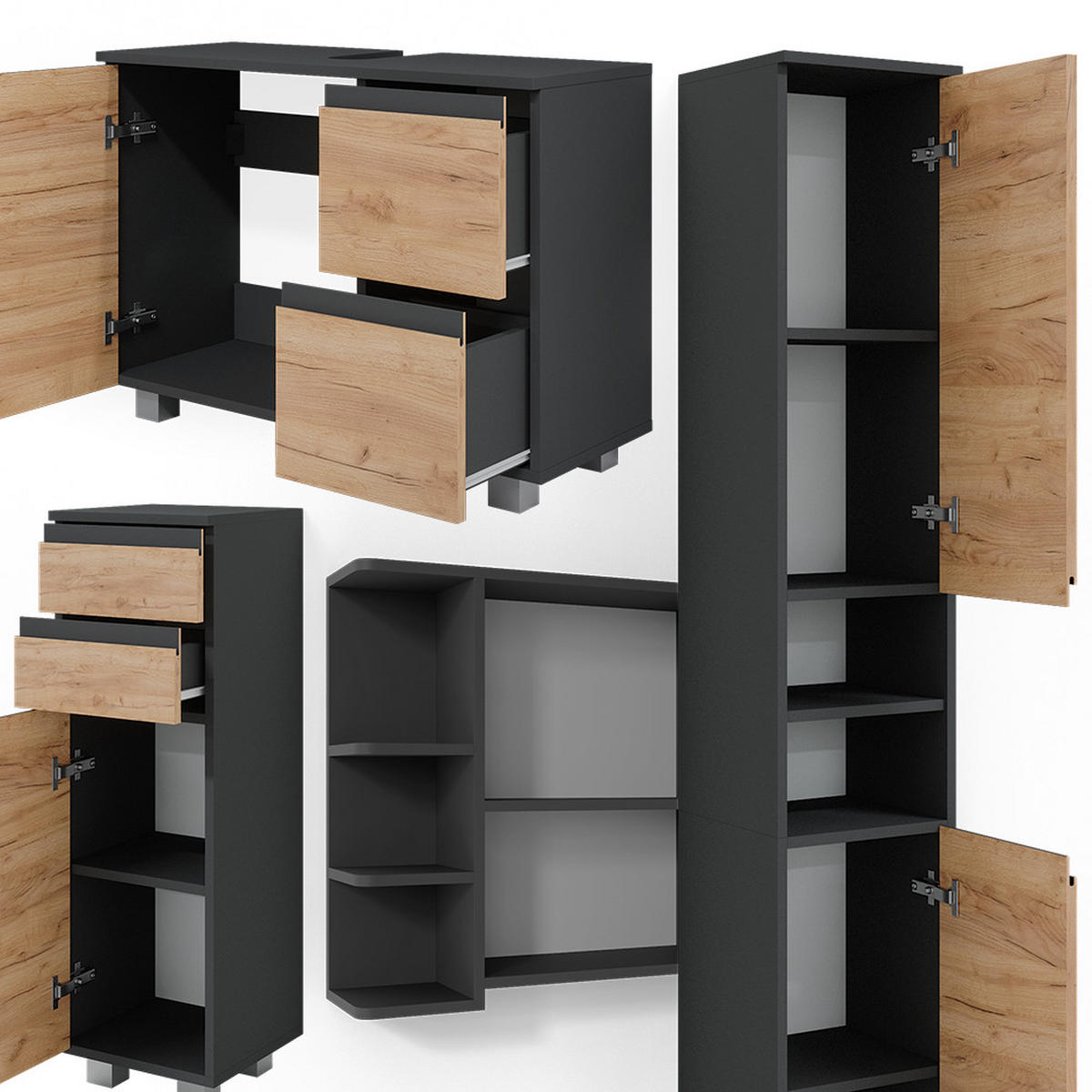 BADMÖBEL-SET J-Shape Grau 4 Teile - Eichefarben/Grau, Holzwerkstoff (80/60/33cm) - Vicco