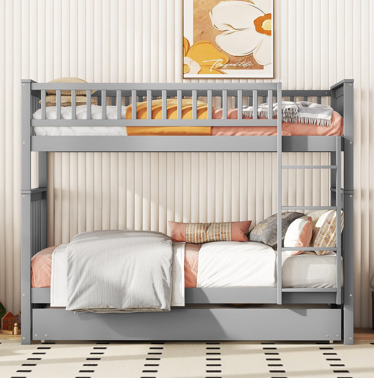 ETAGENBETT 205/95/160 cm aus Kiefernholz und MDF mit Ausziehbett Grau - Grau, Holz (90/200cm) - Modenvie