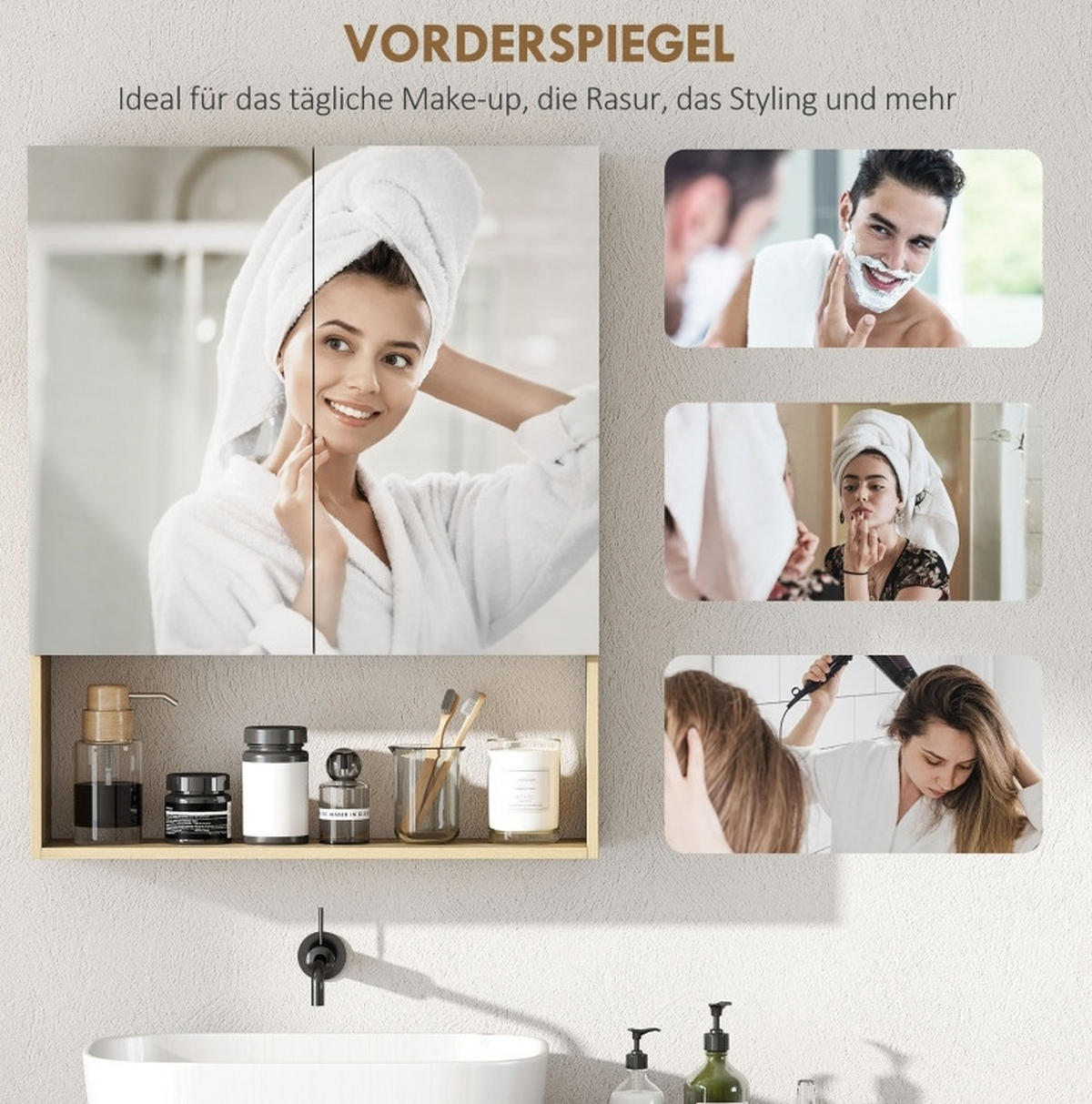 BADEZIMMER Hängeschrank 60x16.6x75 cm Eiche mit Doppelspiegel & verstellbarem Regal - Eichefarben, Glas (60/75/16.6cm) - Modfu