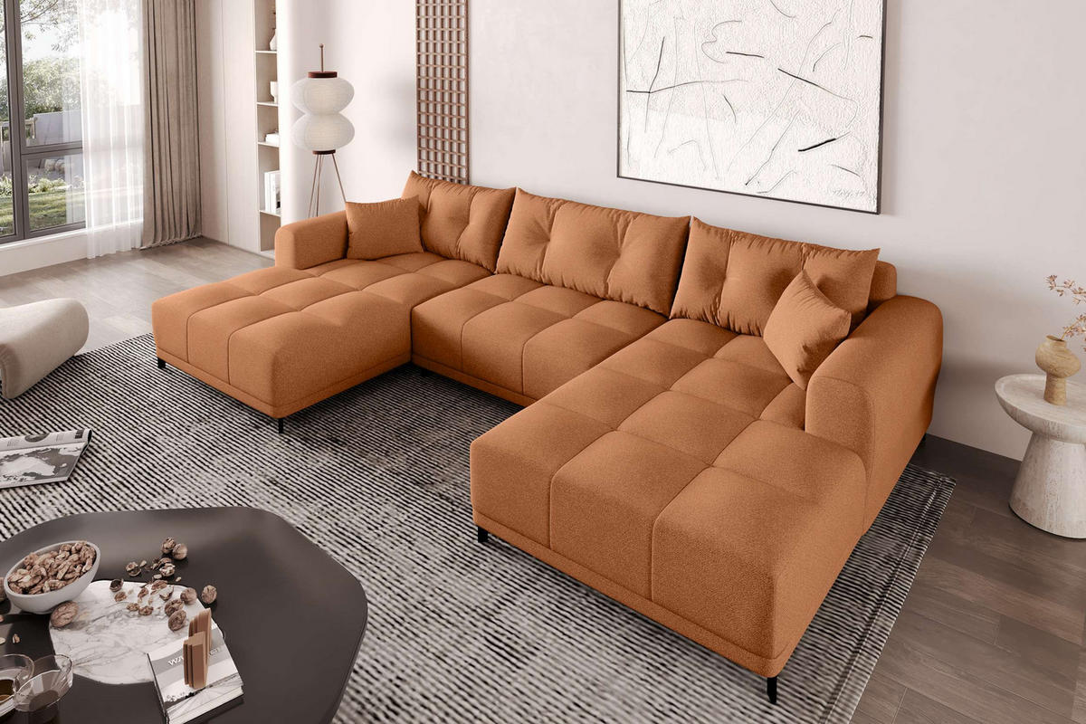 WOHNLANDSCHAFT Strukturstoff Rostfarben inkl. Schlaffunktion - Rostfarben/Schwarz, Textil/Metall (348/94/181cm) - 99rooms