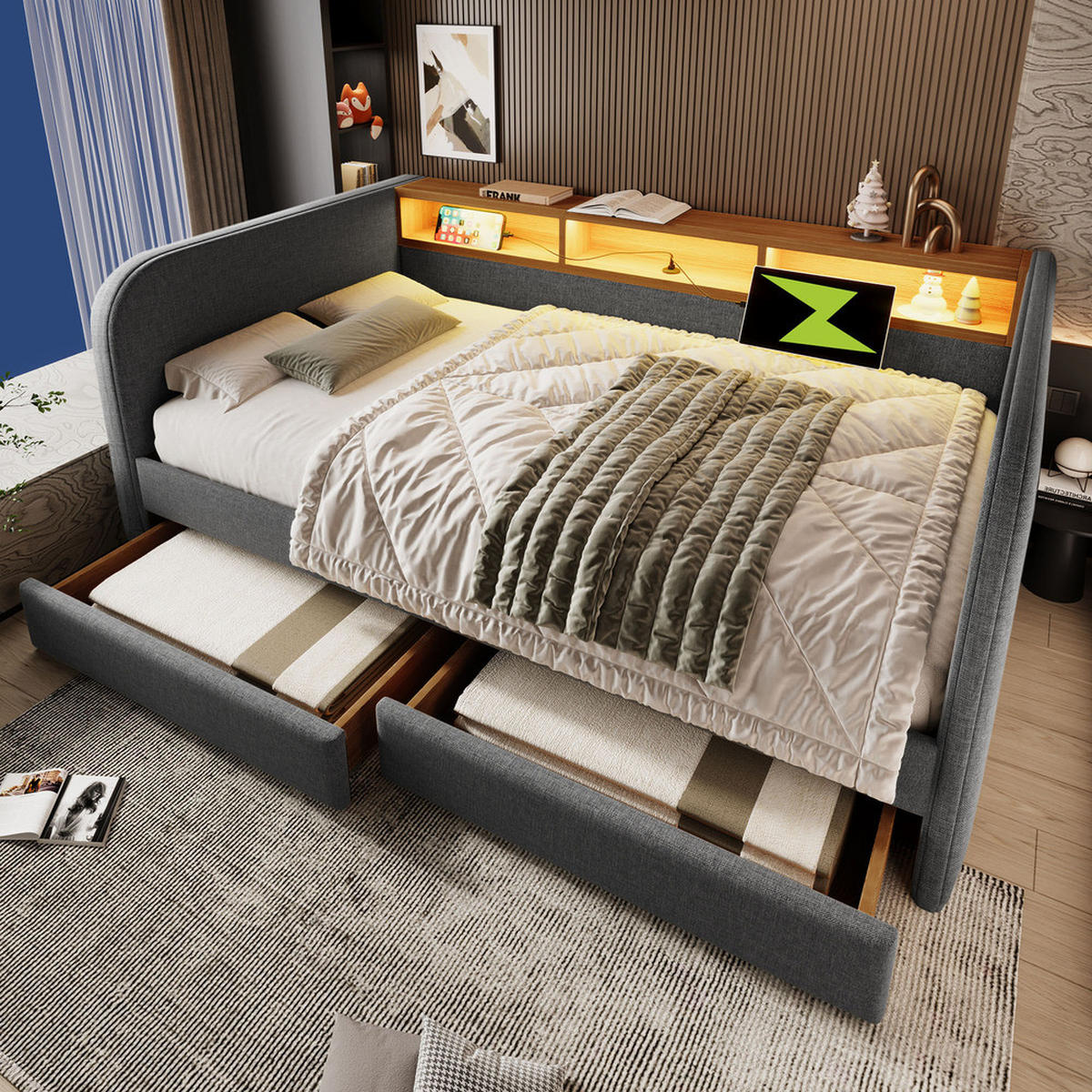 TAGESBETT 140x190cm Schlafsofa mit LED & USB-C 2 Schubladen Grau - Grau, Holz (140/190cm) - FLIEKS
