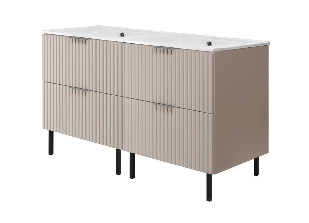 WASCHBECKUNTERSCHRANK, Kaschmir, 120 (2 x 60) x 77 x 46 cm, silberner Griff, schwarze Beine, ohne Top - Beige/Silberfarben, Holzwerkstoff (120/77/46cm) - 3XE LIVING