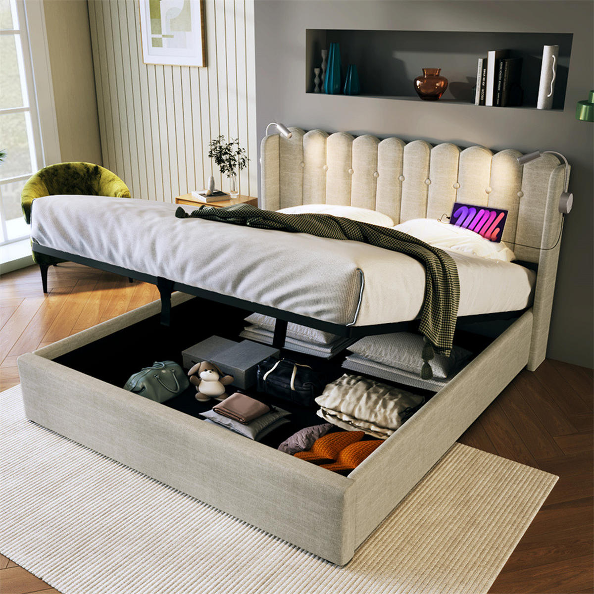 POLSTERBETT 140/200 cm in Beige Linen - Beige, Holz/Textil (140/200cm) - KOMHTOM