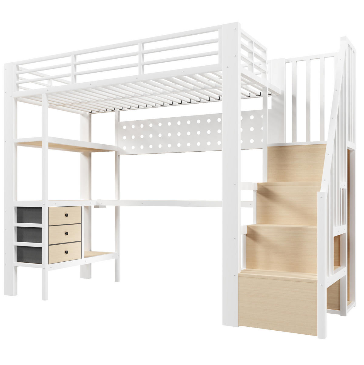 HOCHBETT 90/200 cm, Weiß mit Schubladen, Tisch, Steckdose und LED-Licht - Weiß, Metall (90/200cm) - MIVRAY