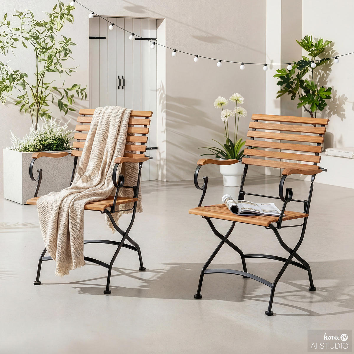 GARTENSTUHL - 2er-Set - Akazie massiv / Stahl - Akazie / Schwarz - Schwarz/Akaziefarben, Holz/Metall (58/89/52cm) - home24