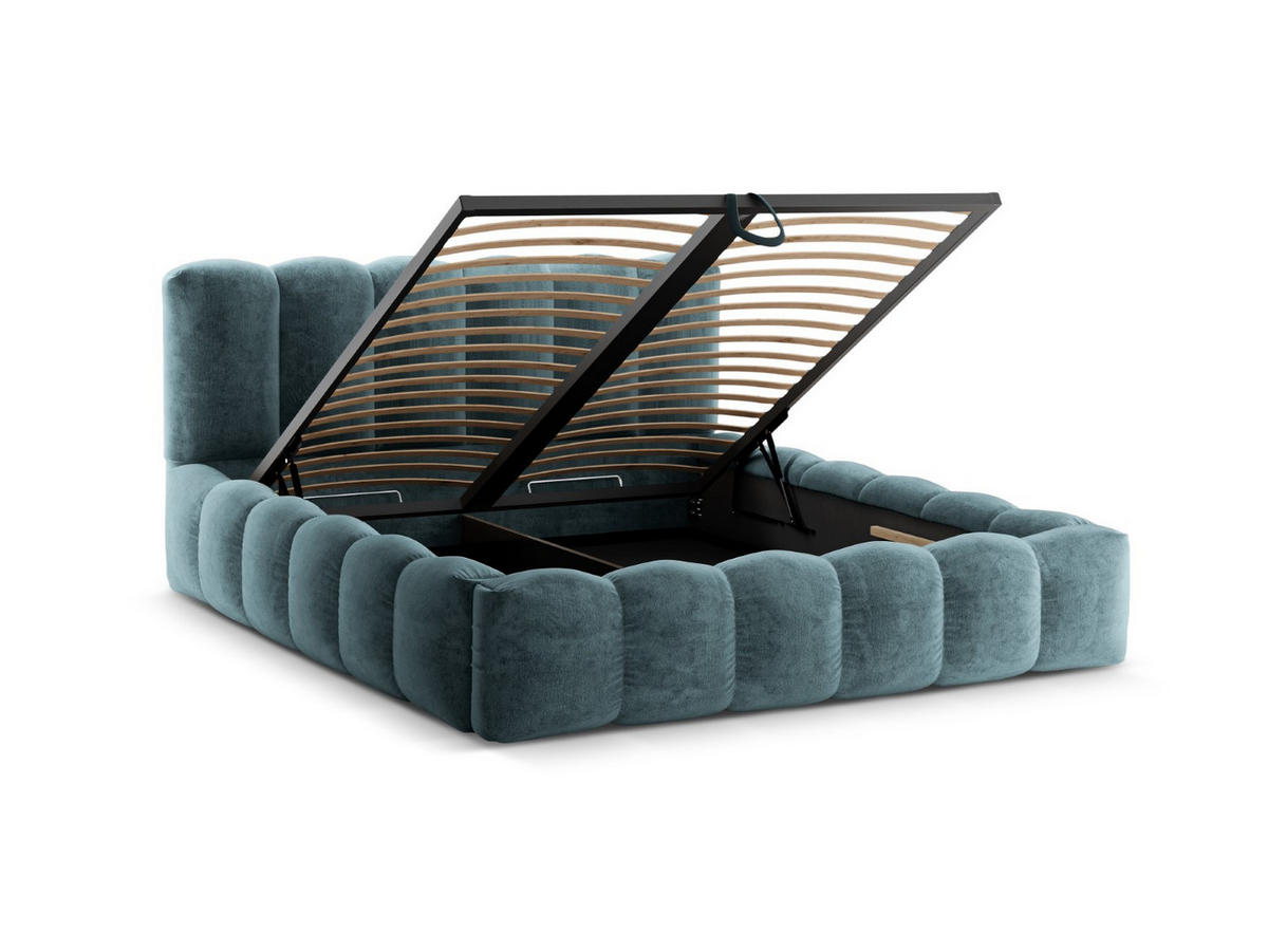 BETT mit Bettkasten und Kopfteil Lupine aus Chenille-Stoff blue jeans 160x200cm - Blau, Textil (160/200cm) - Micadoni
