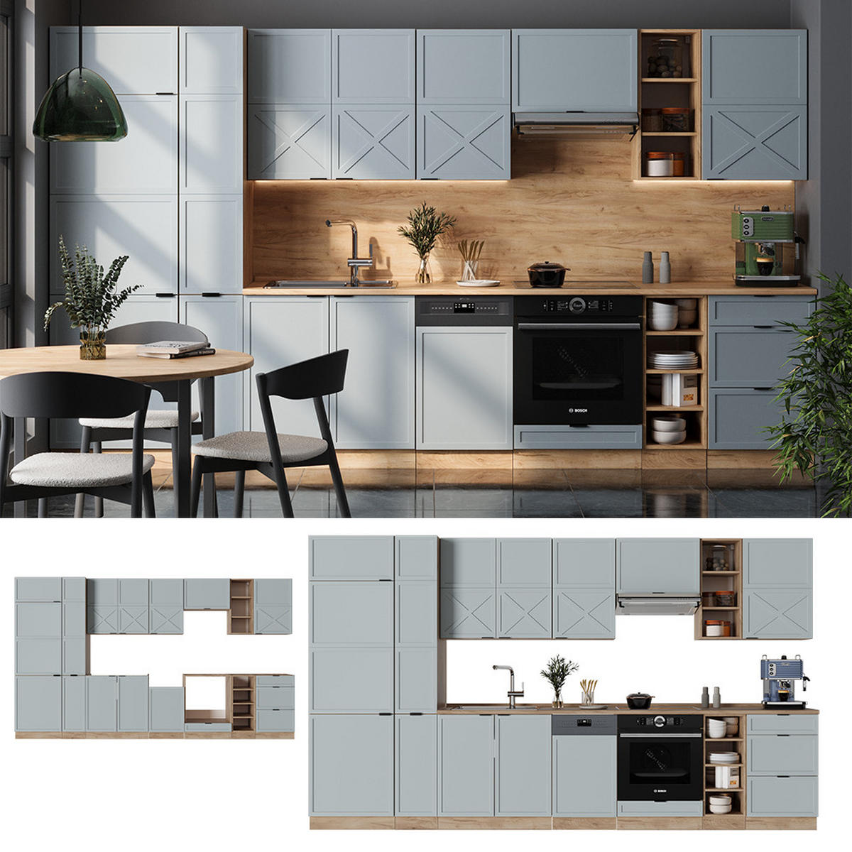 KÜCHENZEILE Fame-Line Hellblau-grau/Goldkraft Eiche 355 cm ohne AP - Honigeiche/Hellblau, Holzwerkstoff (355/81.6/46cm) - Vicco